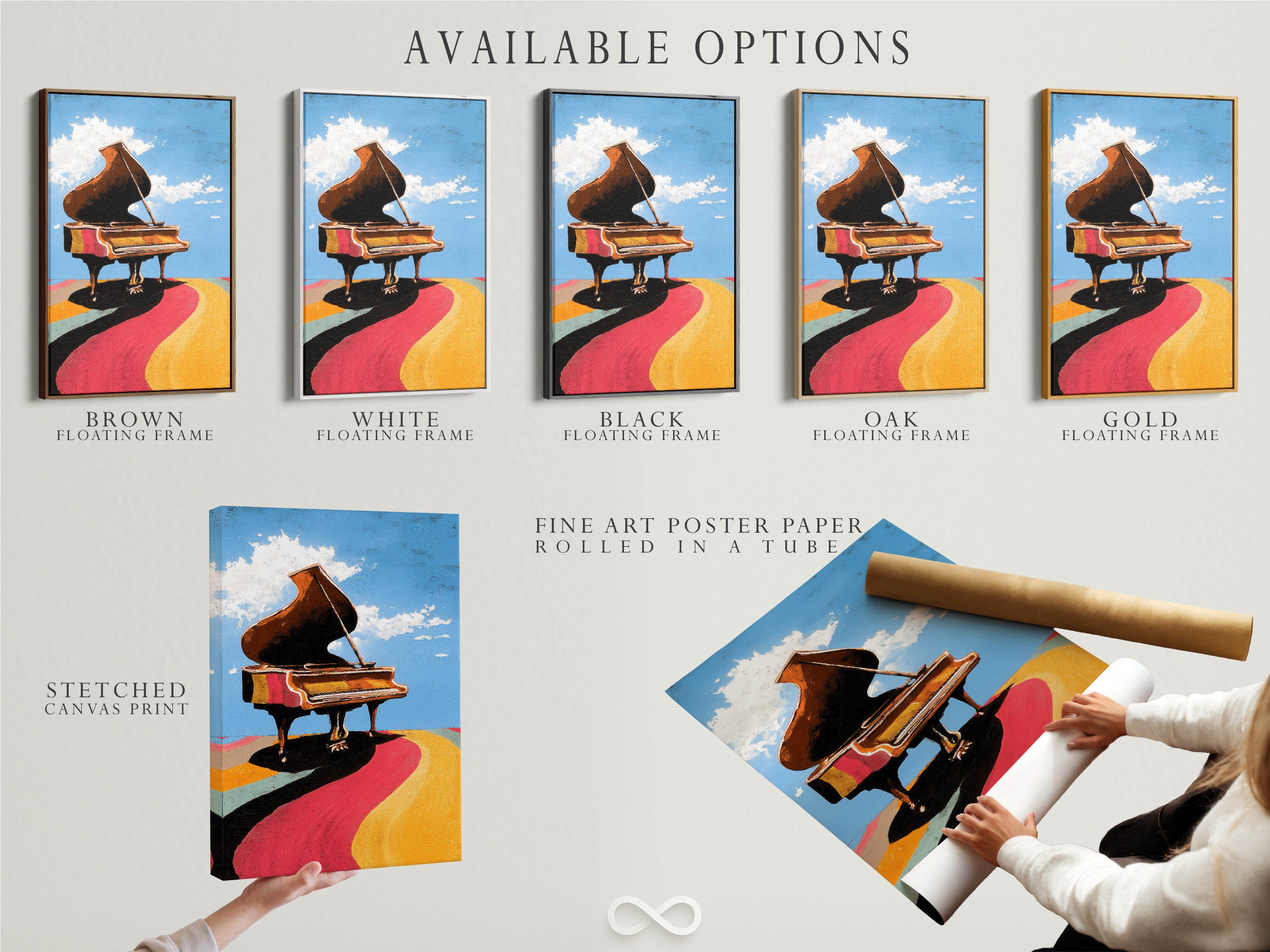 Available options for the piano artwork are displayed. Choose from a stretched canvas print fine art poster paper or a floating frame. Each option offers a unique way to showcase the artwork. Select the perfect style to match your taste and decor. Customize your art experience today.