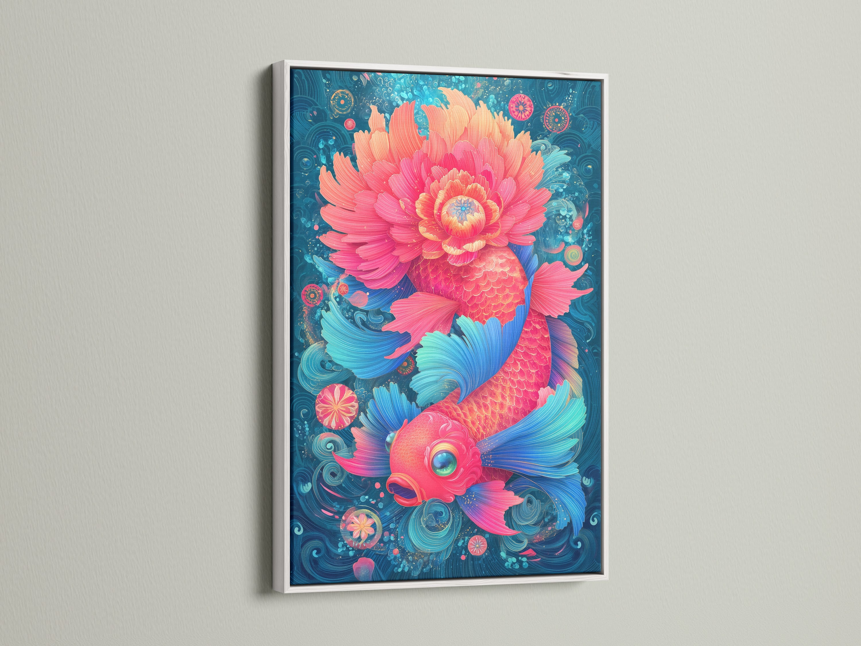 This image shows a koi fish artwork set in a white frame. The white frame provides a clean modern look. This artwork features bright floral elements a pink koi fish and teal accents. Perfect for adding color to your home.