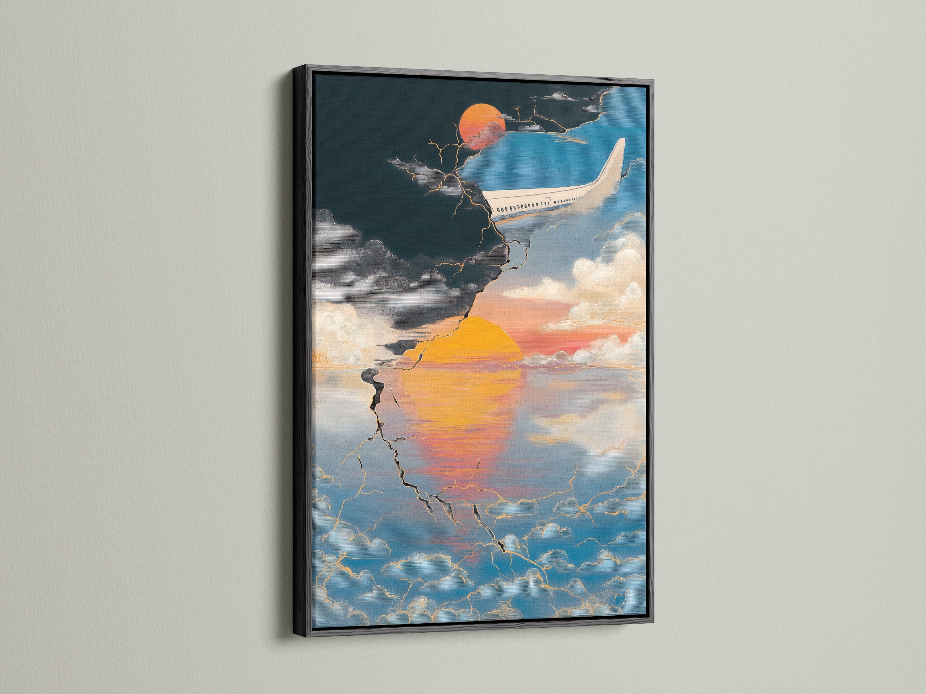 Modern airplane artwork with a black frame. This aviation travel poster shows an abstract sunset. This sky art print is perfect for office wall decor. The plane artwork is unique.