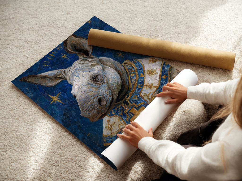 A woman is carefully rolling a fine art poster paper of the rhino pope art print. This artwork is a surreal animal piece with renaissance style. It's perfect for adding a touch of ecclesiastical art to your space. The fine art paper ensures high quality and detail.