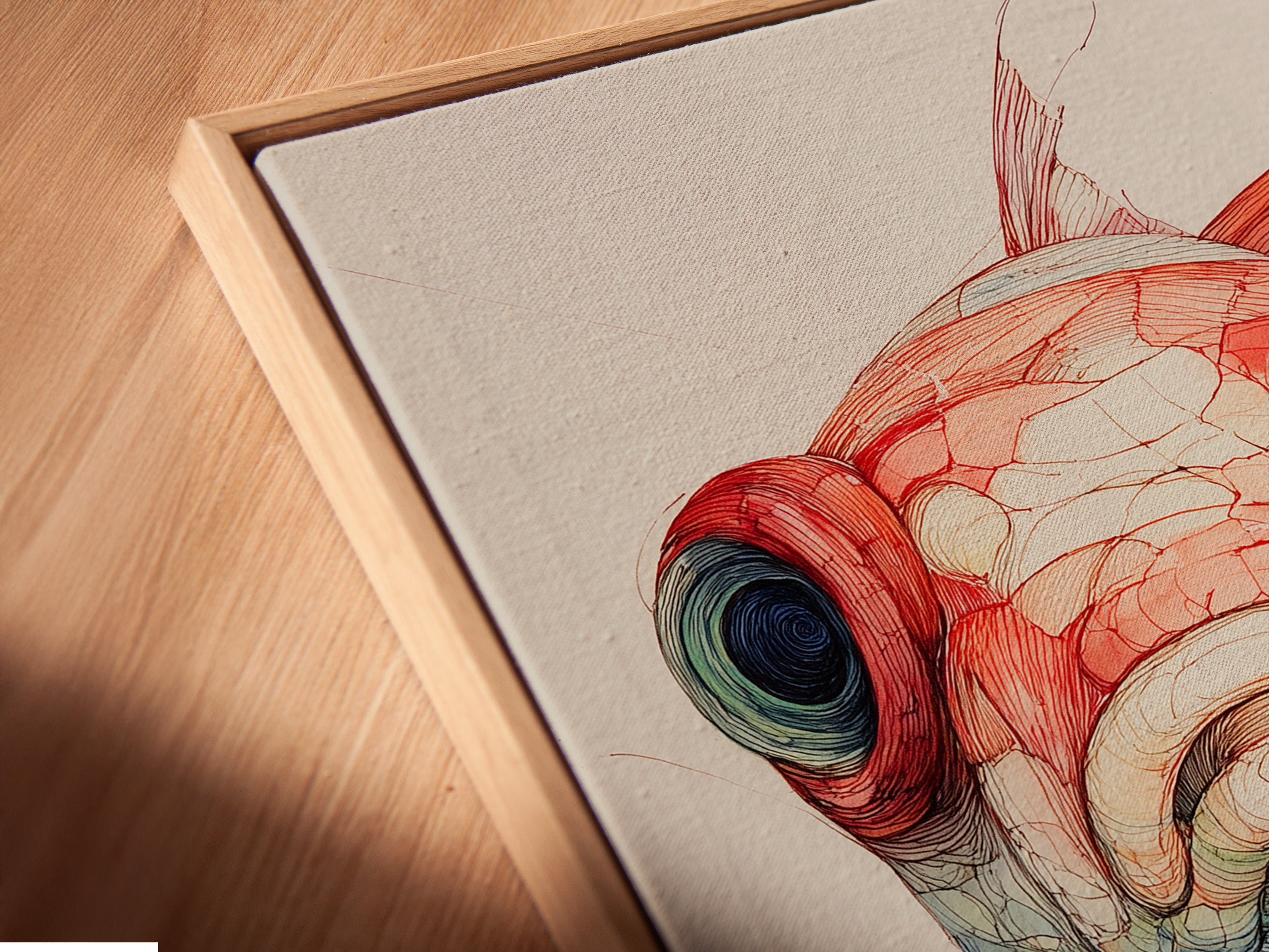 A close-up view of a canvas print in a floating frame. The floating frame gives the artwork a modern look. It seems to hover within the frame. The angled perspective shows the detail. It highlights the depth of the canvas. It is perfect for showcasing your favorite pieces.