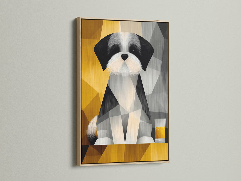 A stylish geometric dog portrait is framed in oak. The artwork enhances the wall adding warmth and character. This pet canvas print captures the essence of modern wall art. It is ideal for scandi decor and minimalist interiors. The oak frame complements the abstract dog art beautifully.