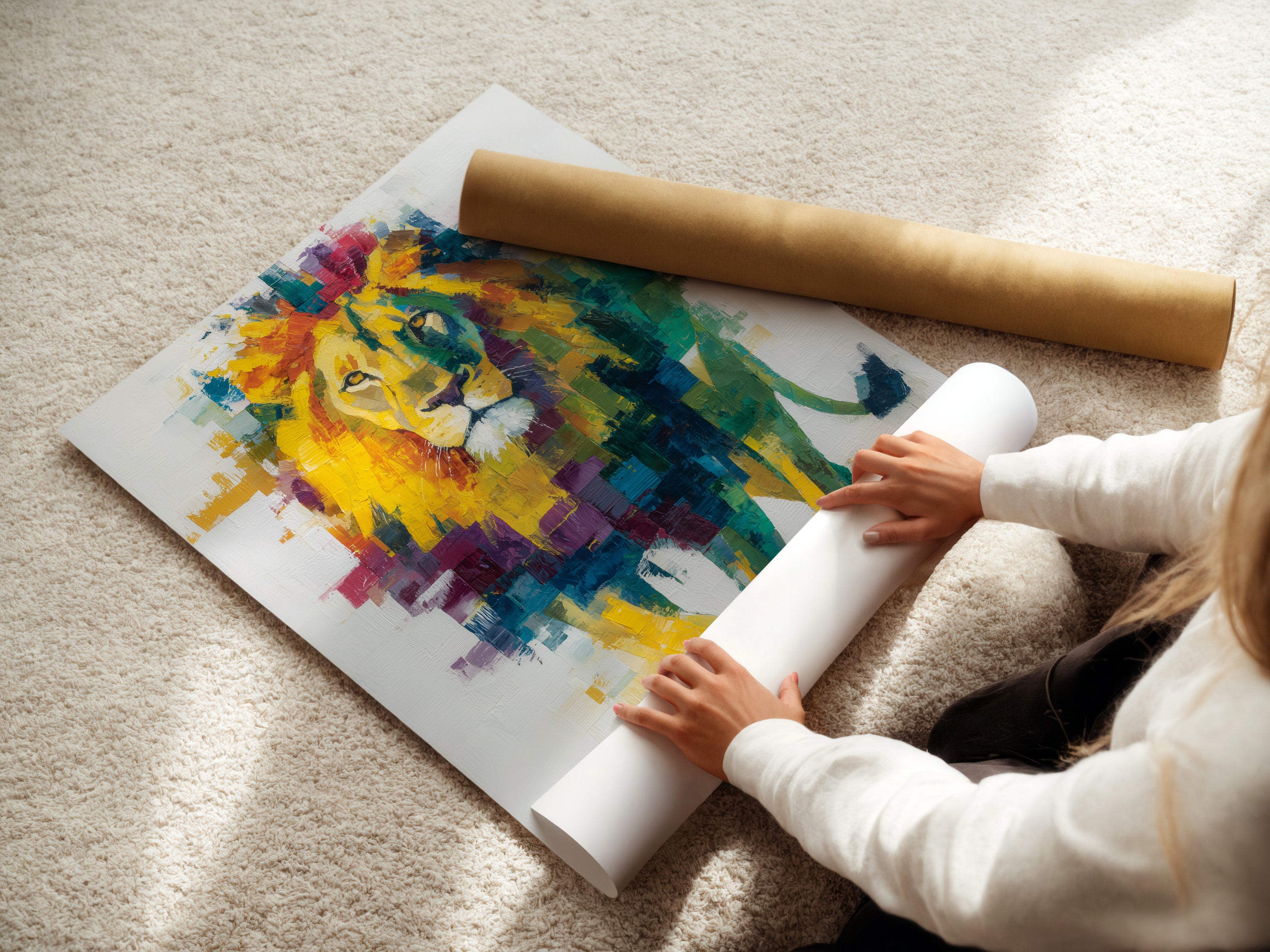 A woman is carefully rolling a fine art poster paper. This showcases the high-quality material used for our art prints. Our fine art posters are perfect for adding a touch of elegance to any space. They are ideal for both home and office decor.