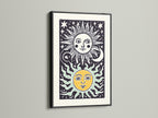 Black frame displays sun and moon art. The frame adds sophistication. The artwork is framed on a white wall. It is a striking contrast and makes the art pop. The frame enhances the art piece. It is a great addition to any room.
