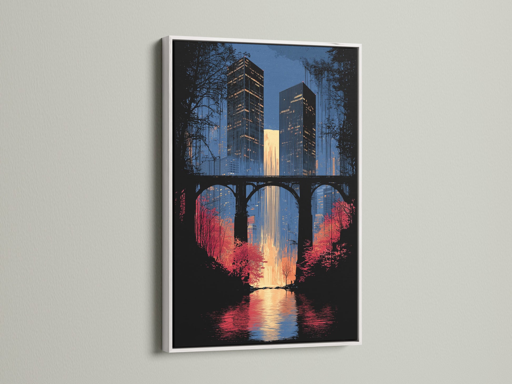 Urban waterfall artwork with a white frame. The cityscape canvas adds a modern touch to any space. The white frame enhances the urban landscape. This piece is great for office wall art or home decor. The artwork features primary blue and secondary gold colors.