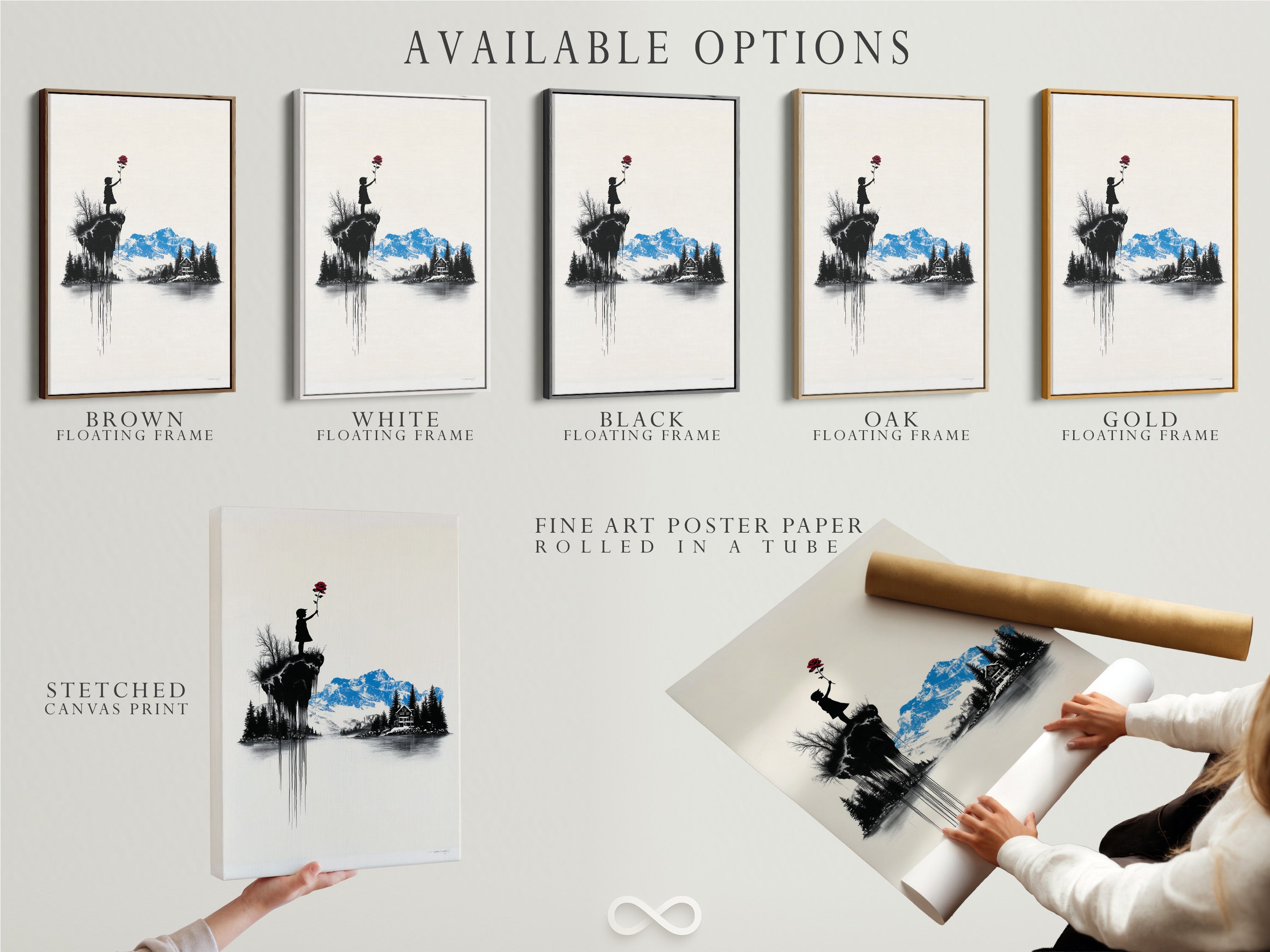Available artwork options are displayed. Choose from stretched canvas prints. Fine art poster paper is also available. Get a floating frame to match your style. Customize your artwork today.
