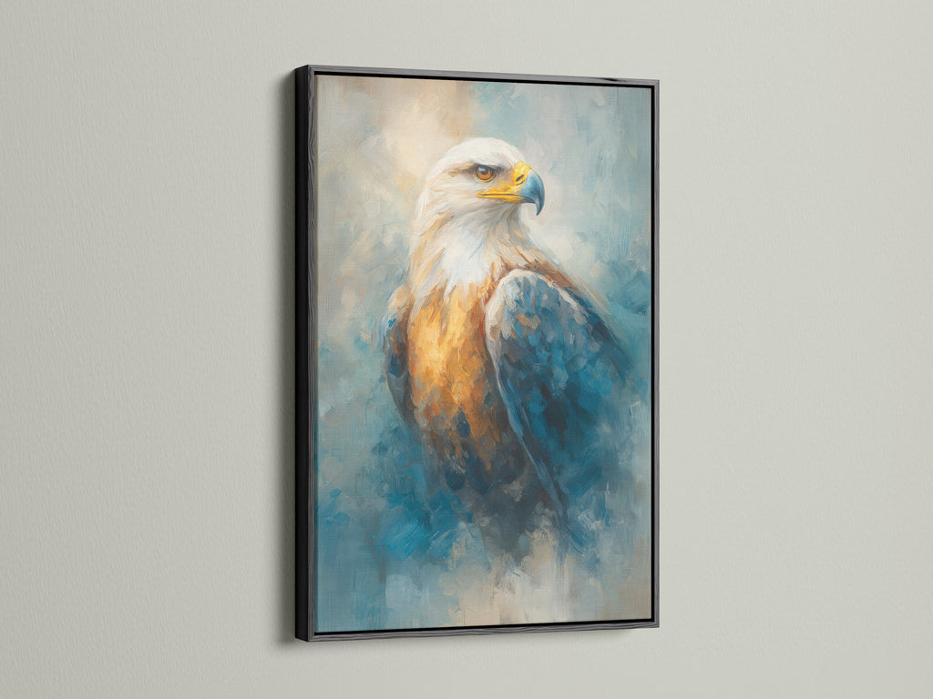 Majestic eagle artwork with a black frame. This bird canvas print is perfect for patriotic decor. The wildlife art complements office wall art beautifully. Explore our raptor and American eagle art options. This nature wall art captures the essence of a majestic eagle. Shop now for wildlife canvas and eagle prints. Elevate your space with this powerful artwork.