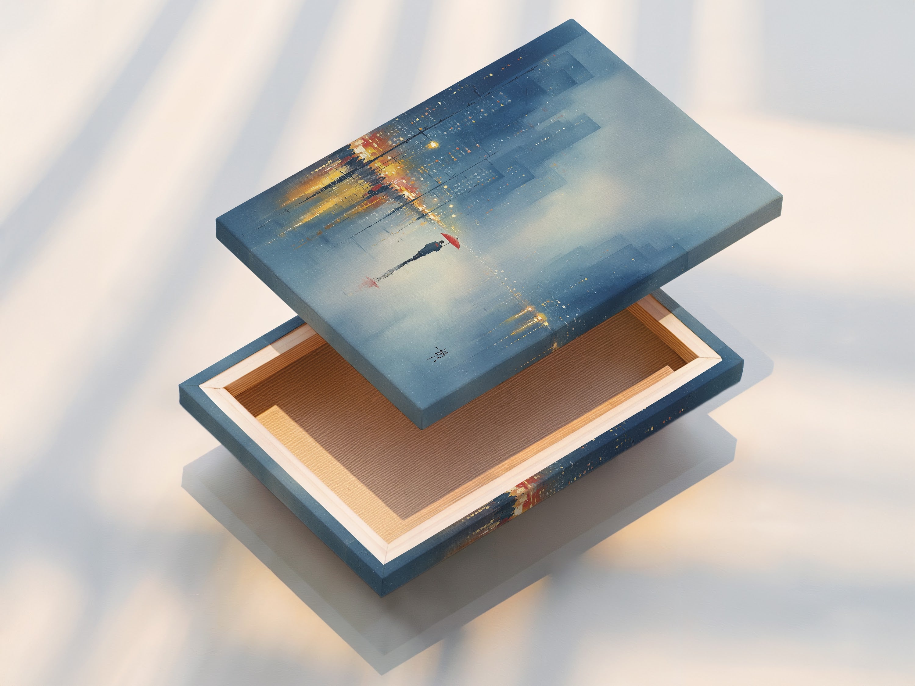 Stretched canvas print of a cityscape artwork. Showcasing a modern urban scene on a rainy day with a red umbrella. The stretched canvas enhances the texture and depth of this contemporary art. Perfect for creating a focal point in any room.