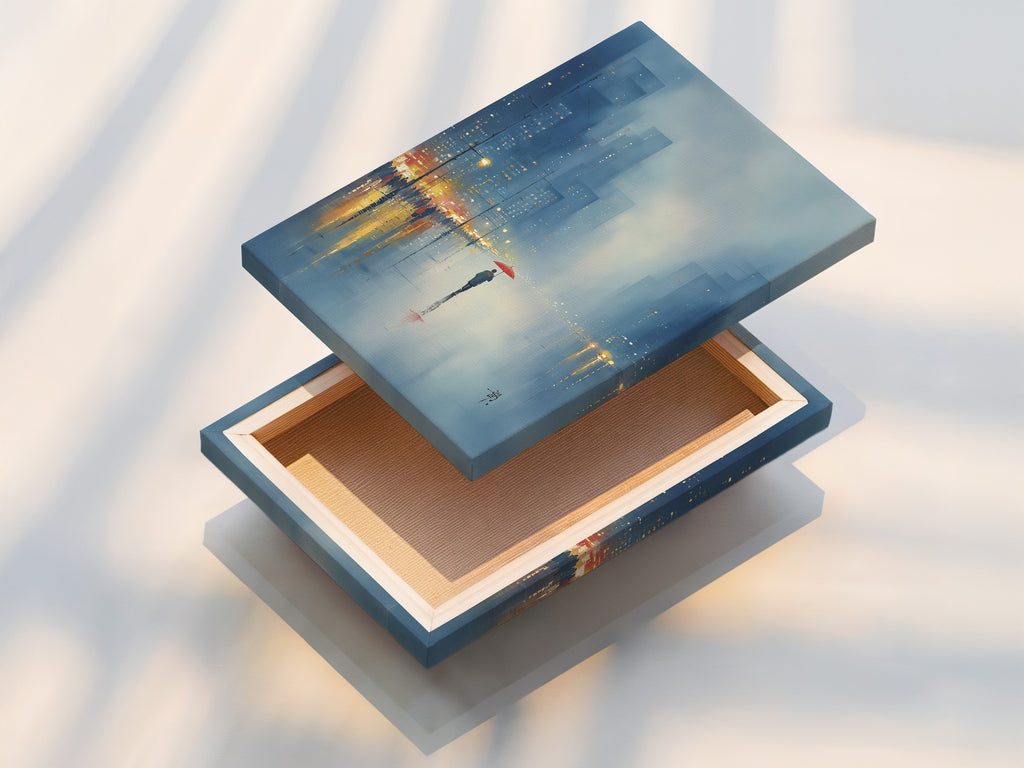 Explore our stretched canvas print of a captivating cityscape. This urban artwork brings a modern feel to any room. The rainy day scene features cool blue tones. Perfect for enhancing office wall decor or a stylish home gallery. Add a touch of city scene art to your space today