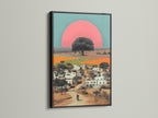 The Indian Village Canvas artwork print is elegantly framed in black. This contrast accentuates the vivid colors and intricate details of the artwork. It's a striking addition to any space looking for global inspired art with a modern touch.