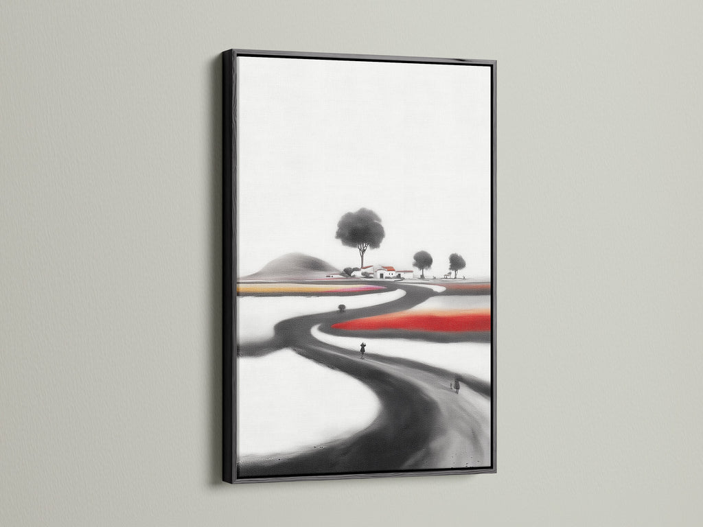 Ink Wash Landscape canvas print in a black frame. This minimalist artwork offers a contemporary touch. The black frame accentuates the Ink Wash Landscape. This piece is ideal for modern interiors. The artwork enhances the serene zen wall art.