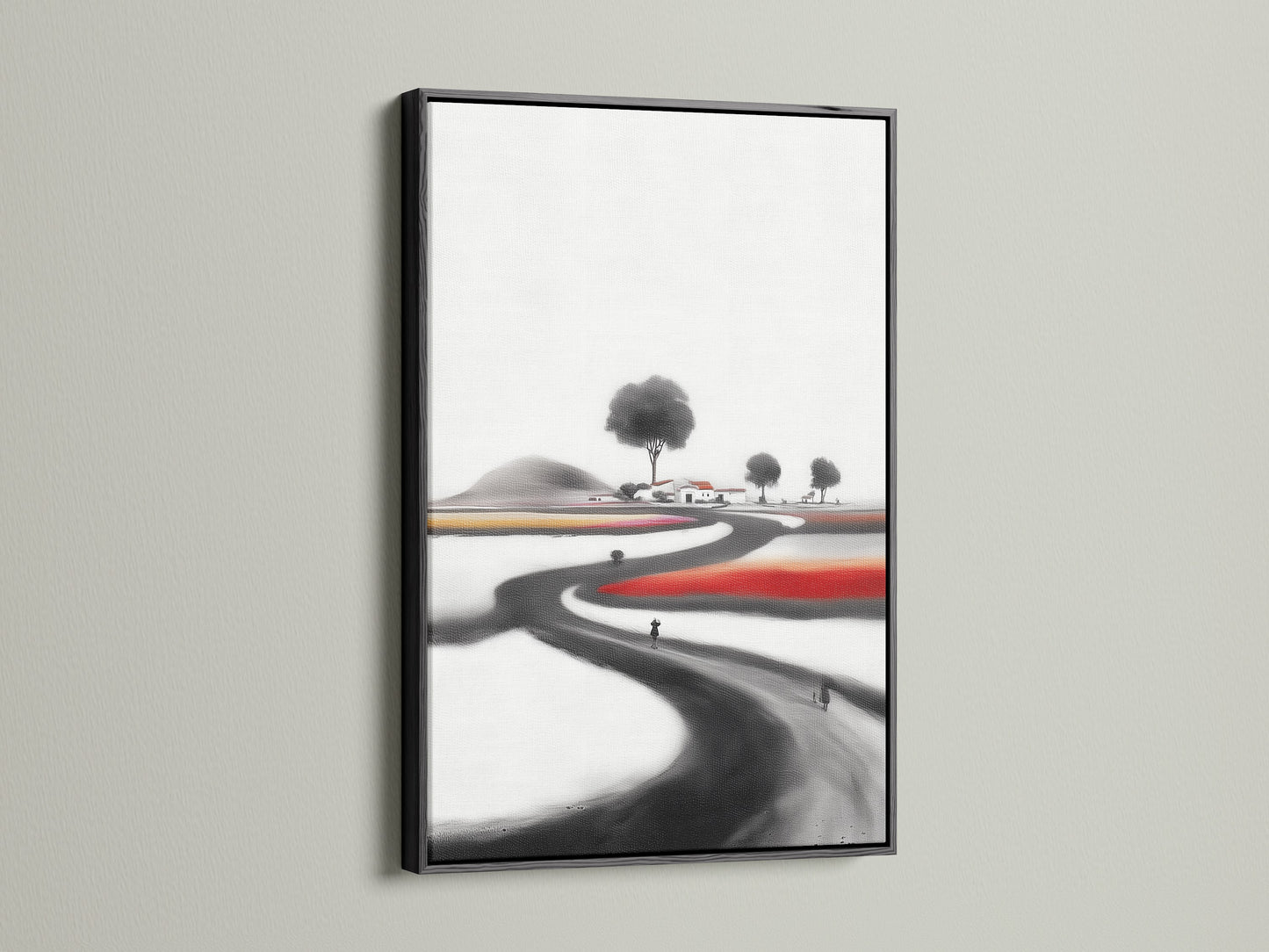 Ink Wash Landscape canvas print in a black frame. This minimalist artwork offers a contemporary touch. The black frame accentuates the Ink Wash Landscape. This piece is ideal for modern interiors. The artwork enhances the serene zen wall art.