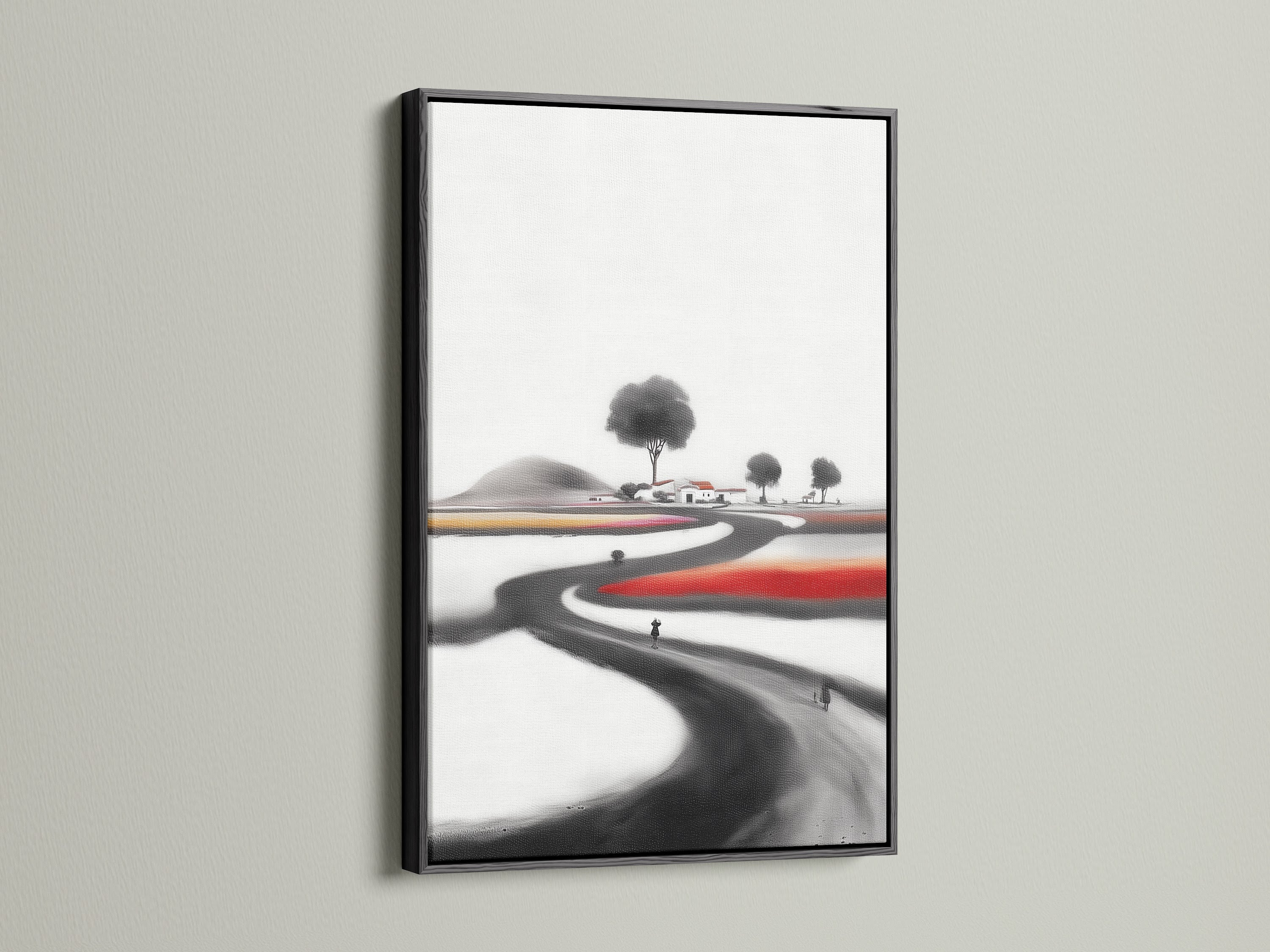 Ink Wash Landscape canvas print in a black frame. This minimalist artwork offers a contemporary touch. The black frame accentuates the Ink Wash Landscape. This piece is ideal for modern interiors. The artwork enhances the serene zen wall art.