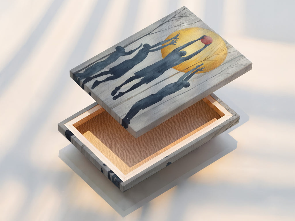 Close-up of a stretched canvas print featuring basketball silhouette art. This sports wall art brings team spirit to any room. The athletic canvas is ready to hang. Ideal for boys room decor game rooms or sports bars. Add a contemporary touch with this modern artwork. Explore our options now.