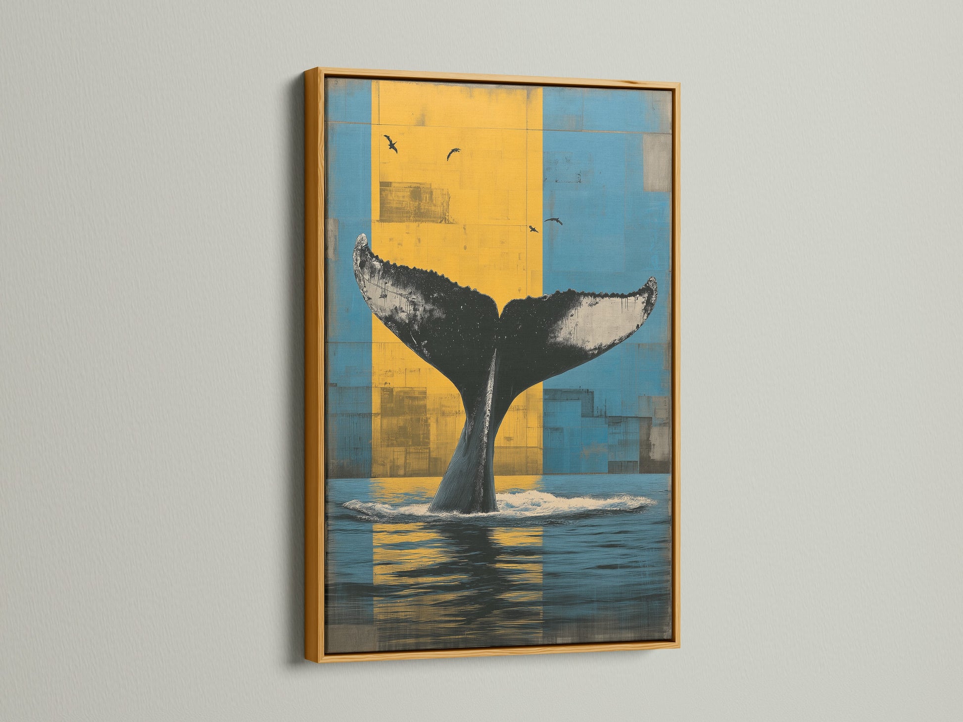 Whale Tail canvas in a gold frame. The art features a whale's tail. See the blue and yellow colors. This whale artwork is ideal for ocean-themed spaces. Choose this marine canvas for your home or office. This coastal decor is perfect.