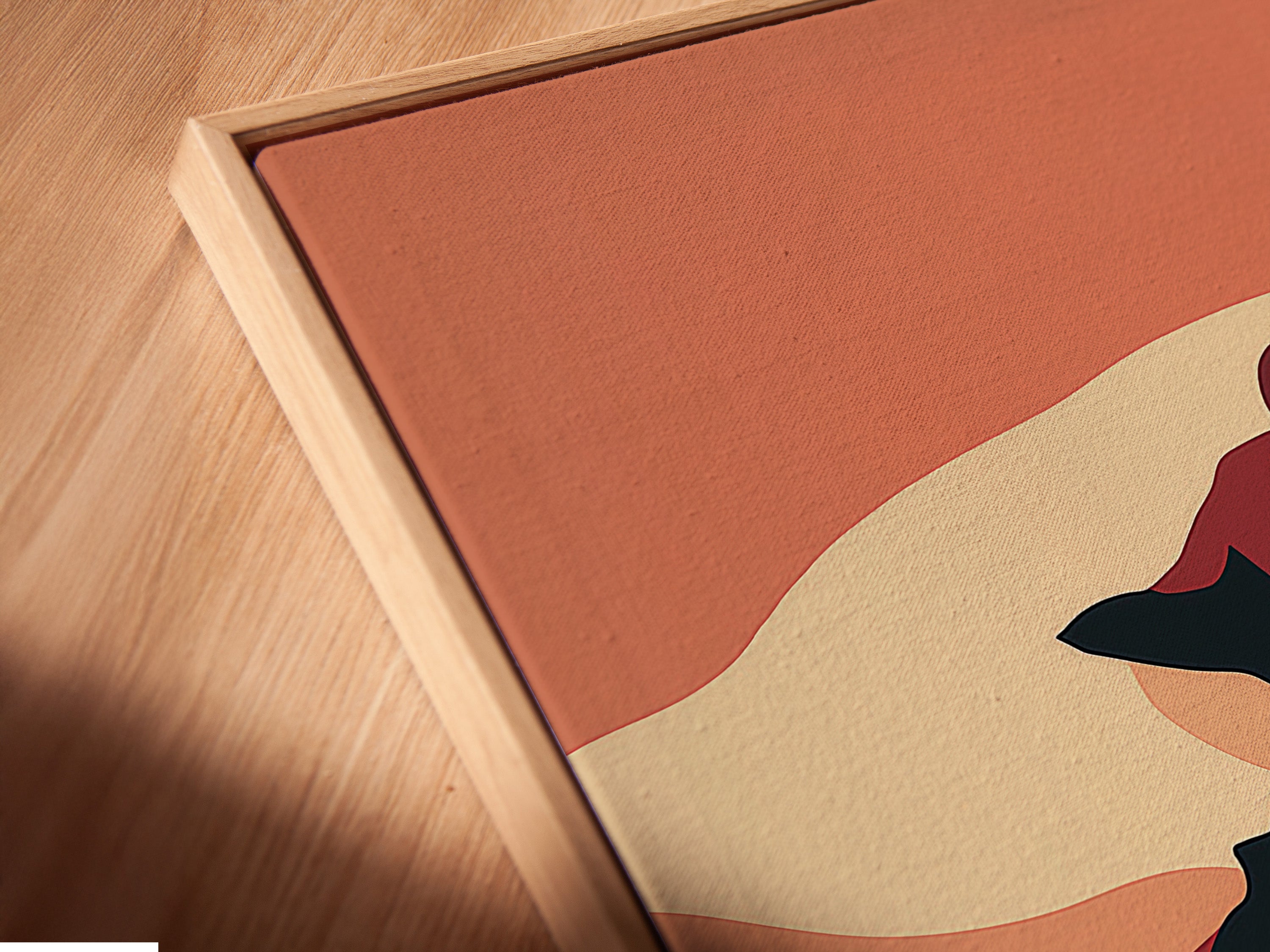 A close-up angle shows a canvas print in a floating frame. The equestrian art print features terracotta tones. The horse rider canvas wall art enhances rustic decor. Ideal for adding a unique touch to living room wall art. This horse artwork is ready to hang and enjoy.