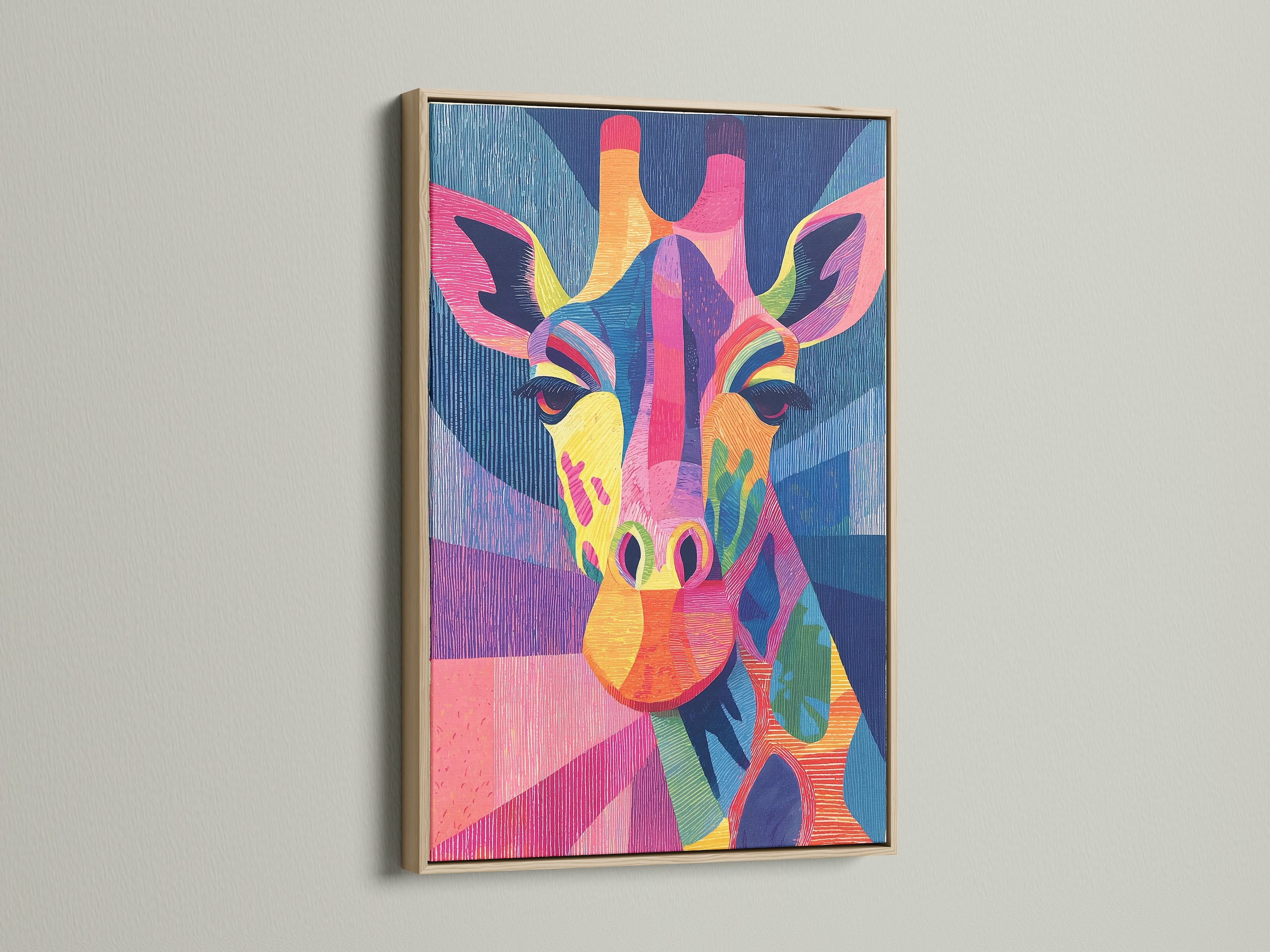A rainbow animal print of a colorful giraffe hangs in an oak frame. This modern safari artwork adds a vibrant touch to any room. The oak frame complements the artwork beautifully. It is an ideal choice for kids room decor or nursery wall art.