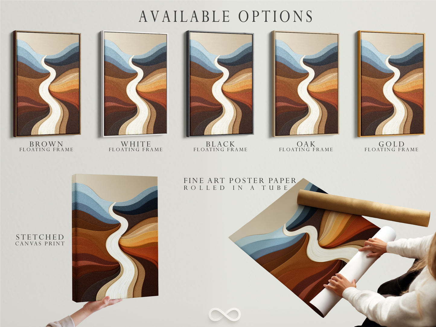Explore available options for this abstract river artwork. Choose from stretched canvas print fine art poster paper or floating frame. Each option offers a unique aesthetic. Enhance your home decor with this modern artwork. Select the perfect format to suit your style. Transform your space with our art.
