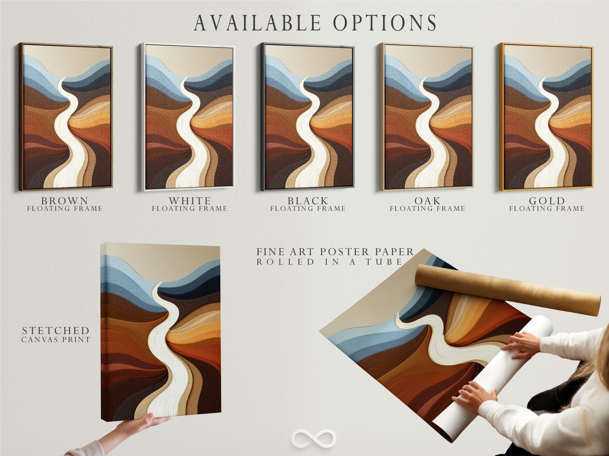 Explore available options for this abstract river artwork. Choose from stretched canvas print fine art poster paper or floating frame. Each option offers a unique aesthetic. Enhance your home decor with this modern artwork. Select the perfect format to suit your style. Transform your space with our art.