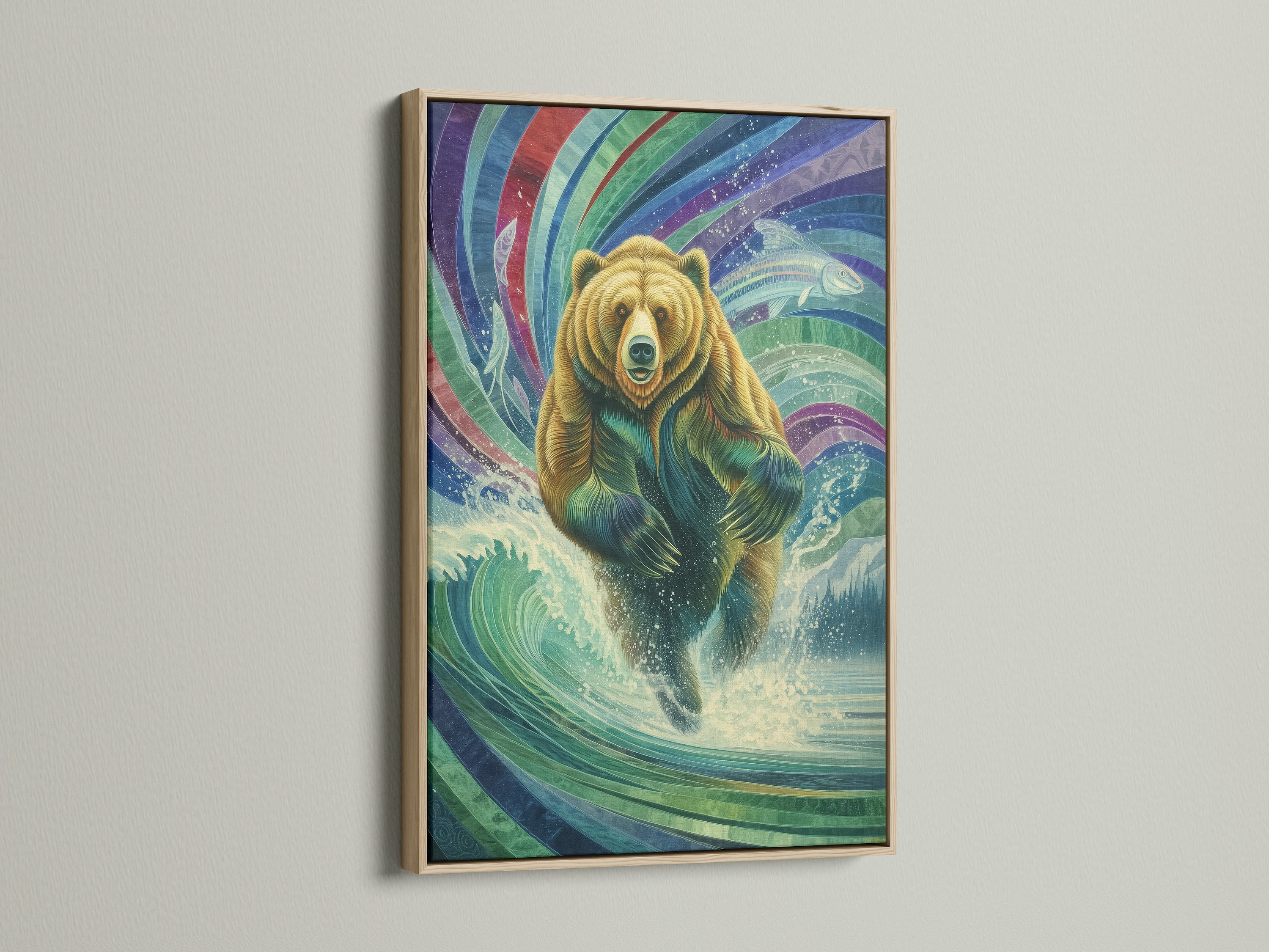 Mystical Grizzly Bear artwork in an oak frame. This wildlife art print features a bear emerging from water with colorful accents. Ideal grizzly canvas for cabin or lodge decor. Elevate your space with this unique animal artwork today.