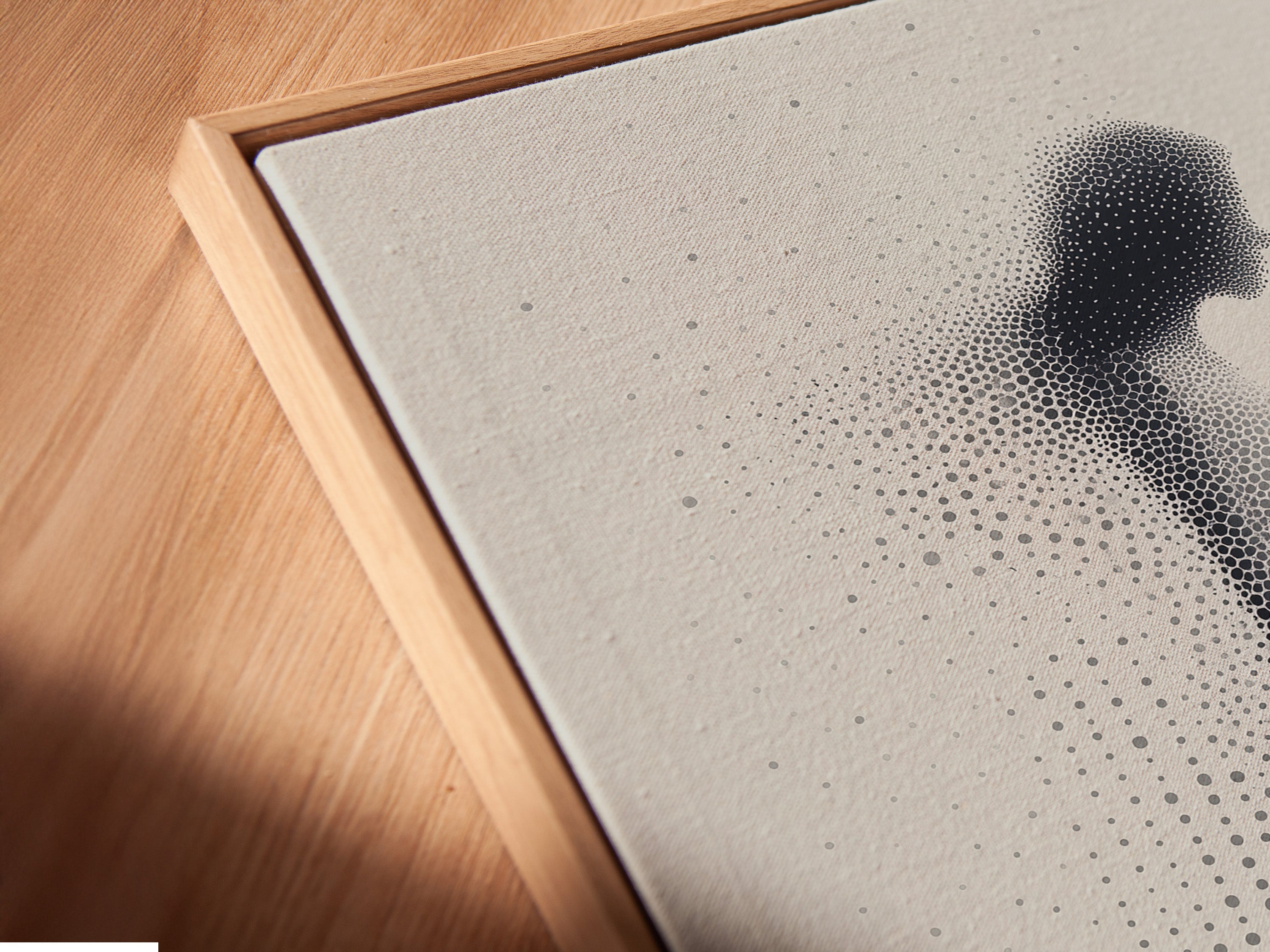 A close-up view of a canvas print. It is displayed in a floating frame. The floating frame gives a modern look. It accentuates the artwork's texture. It creates a gallery-like feel. This is perfect for showcasing art.