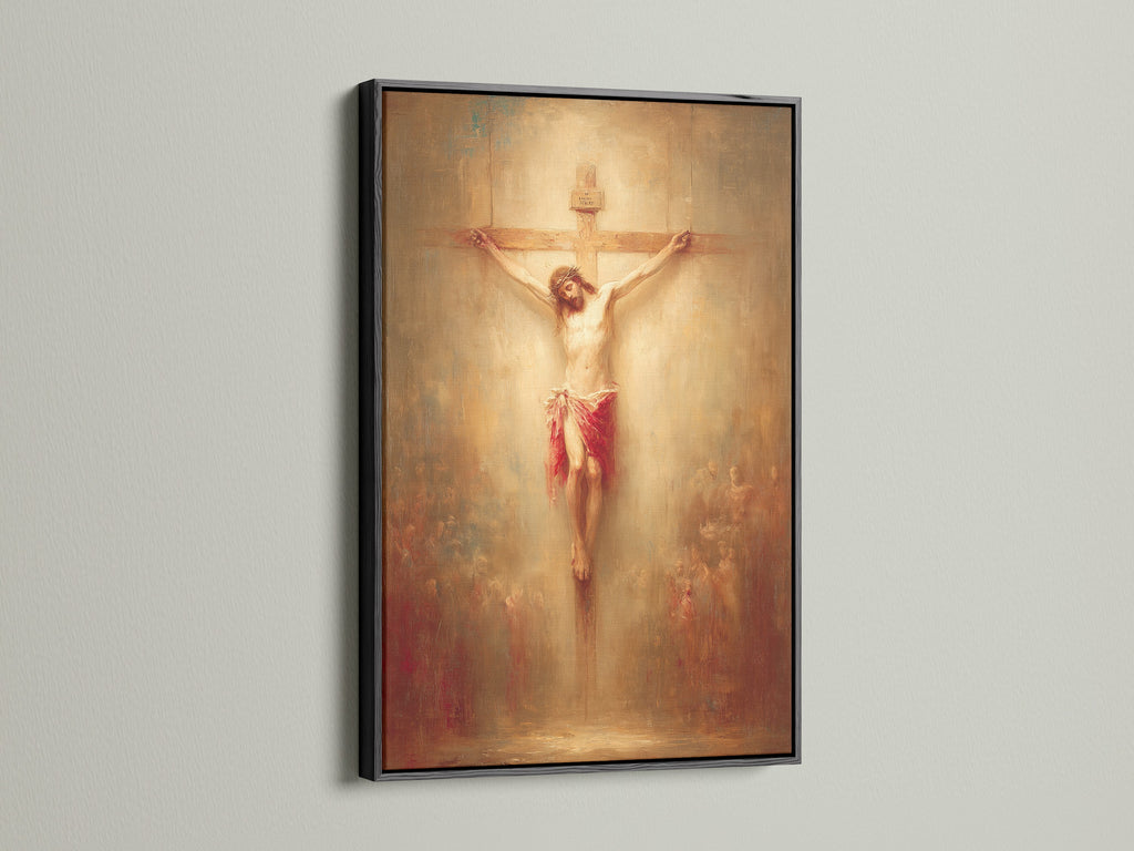 Artwork of Jesus Christ on the cross is beautifully displayed within a black frame. This frame option showcases the art piece elegantly. A black frame delivers a bold and sophisticated statement. It adds contrast and depth to the artwork. Enhance your artwork with this timeless and elegant frame choice.