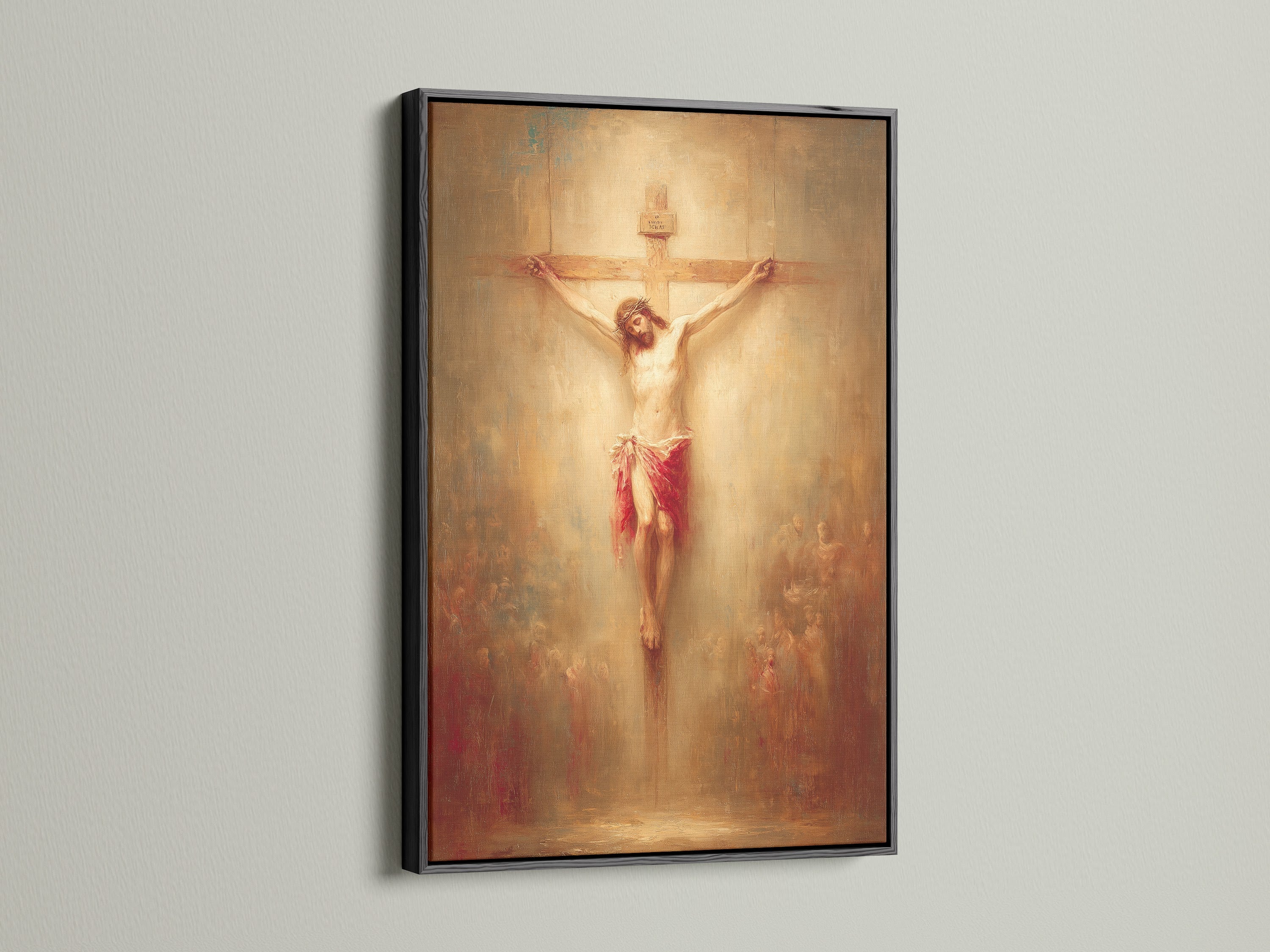 Artwork of Jesus Christ on the cross is beautifully displayed within a black frame. This frame option showcases the art piece elegantly. A black frame delivers a bold and sophisticated statement. It adds contrast and depth to the artwork. Enhance your artwork with this timeless and elegant frame choice.