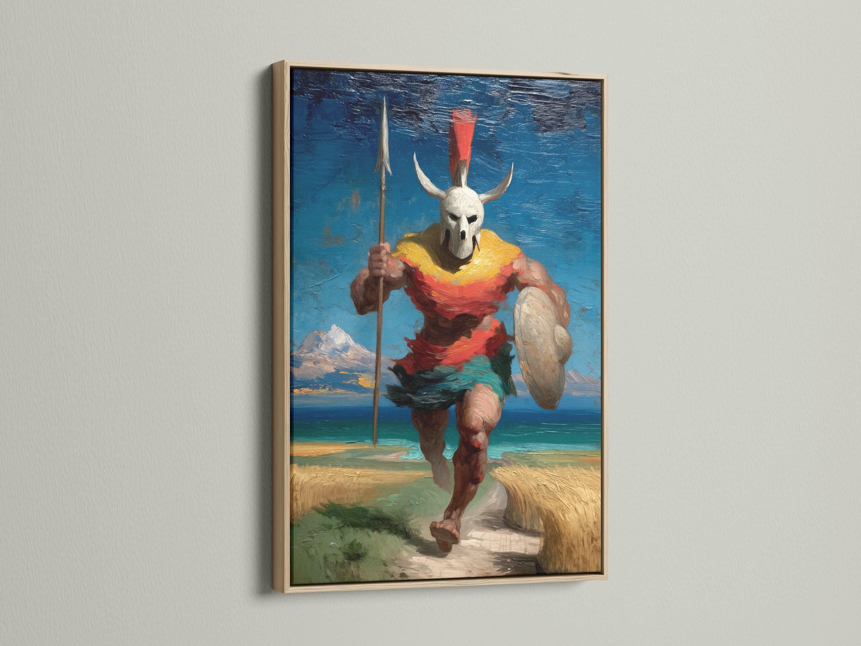 The tribal warrior canvas print is shown in an oak frame. The fantasy artwork shows an ancient soldier with a spear and shield. This mythology art is perfect for rustic decor.
