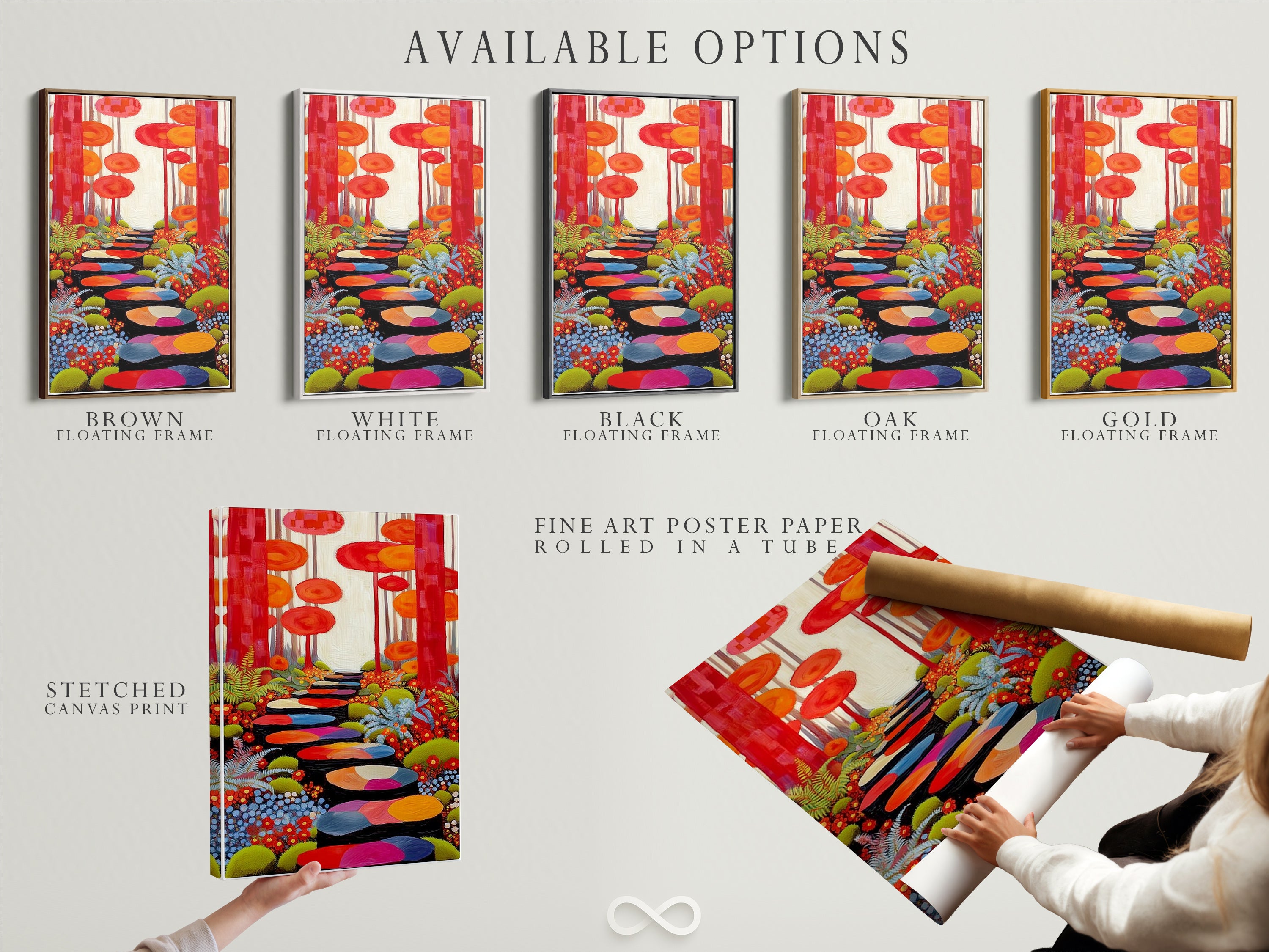 Explore available options for the Enchanted Forest artwork. Choose between a stretched canvas print fine art poster paper and floating frame. Customize your colorful trees art to fit your style. Discover the perfect format for your nature print. Enhance your home decor with these versatile choices.
