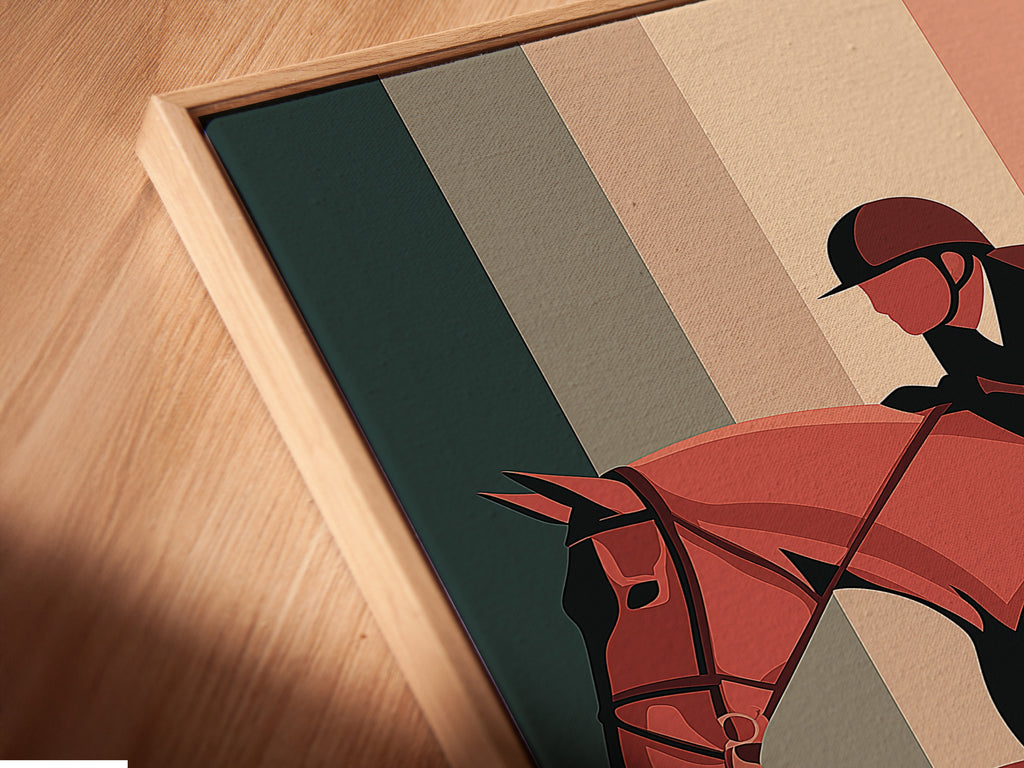 A close-up shows a canvas print in a floating frame. The floating frame gives the art a modern gallery look. The artwork features a horse and rider mid-jump. The frame enhances the artwork beautifully. This adds depth and dimension.