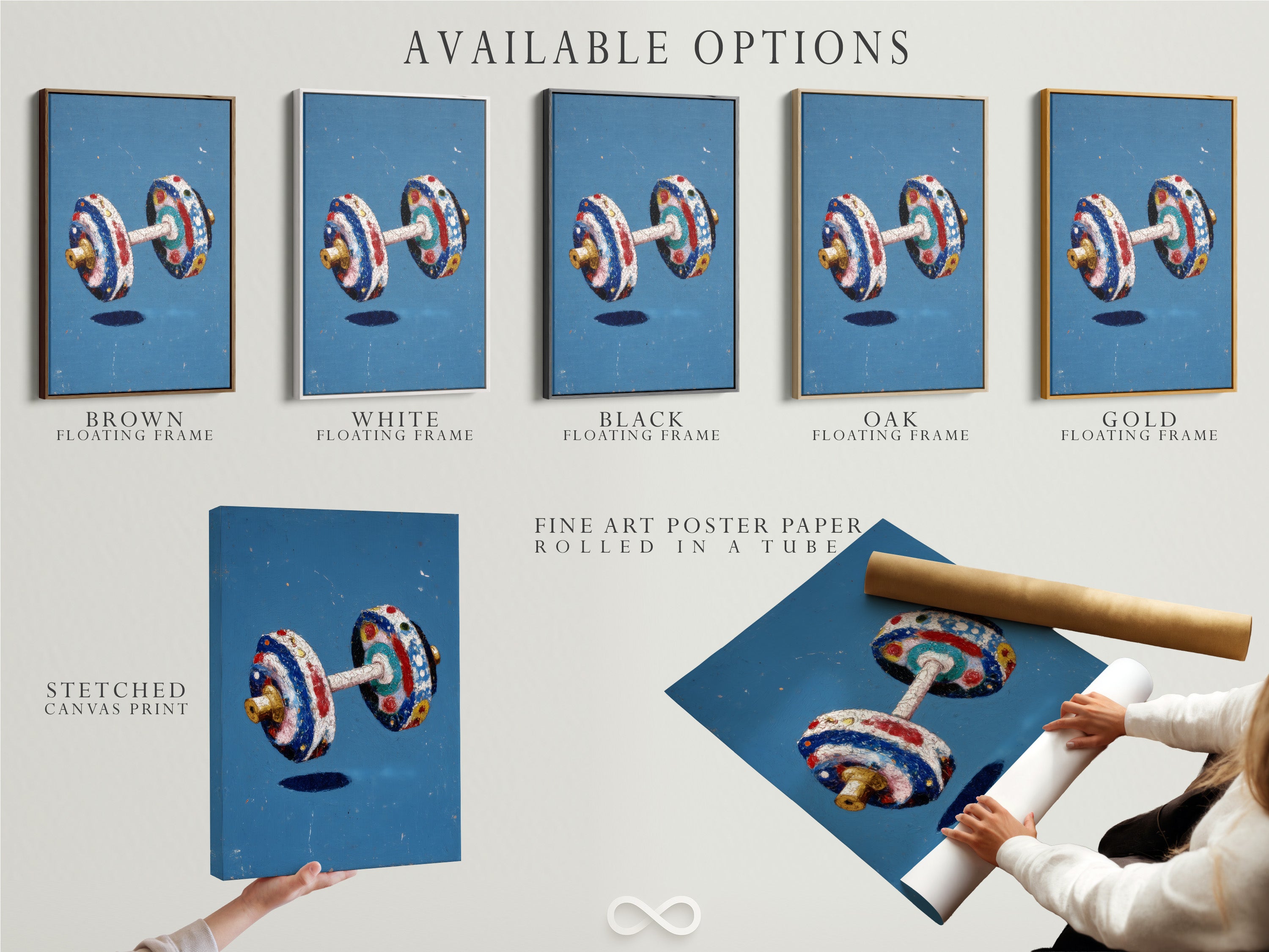 Available options for a vintage dumbbell artwork. Including a stretched canvas print fine art poster paper and floating frame. Colorful gym wall decor. Retro fitness art for home gym and office space.