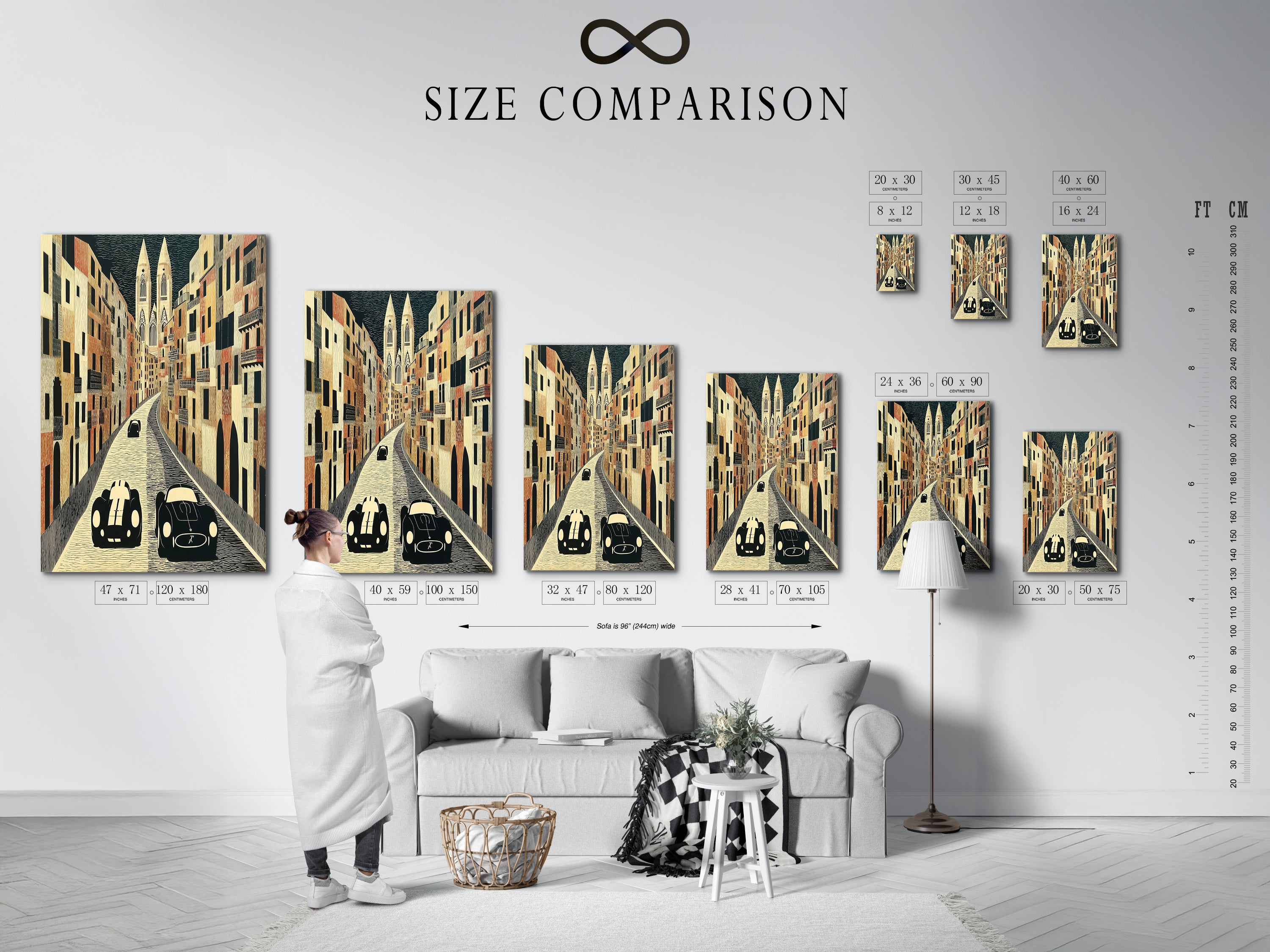 Size comparison chart displayed in an interior setting. The chart shows available sizes for vintage car artwork. Visualize the perfect fit for your space. Choose the ideal size for your European street art print. Find the best classic automobile art.