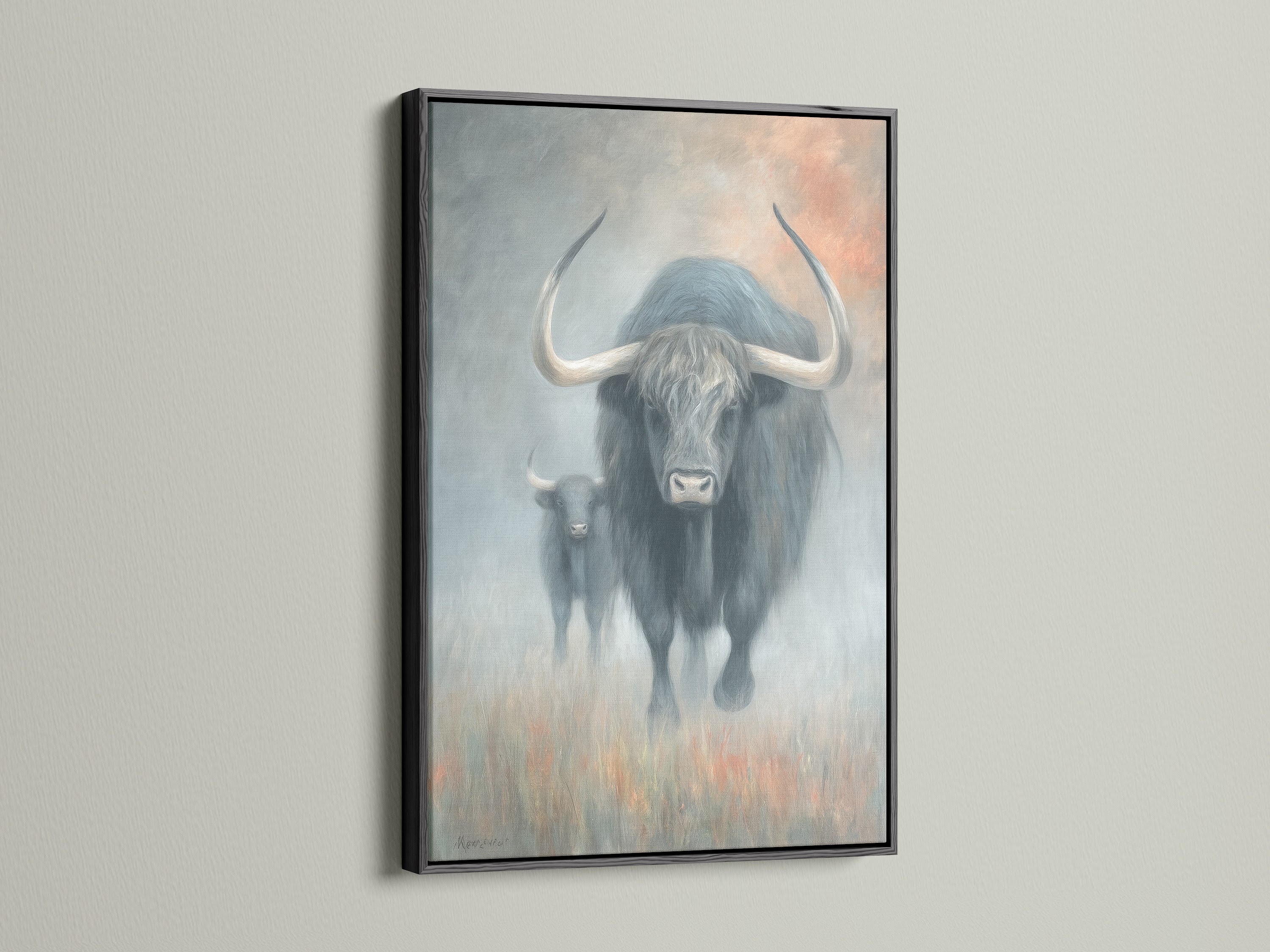 Yak Canvas Print with a black frame. The artwork features a highland cattle wall art. Perfect for rustic farmhouse artwork. This piece enhances cabin wall decor. The black frame offers a modern contrast.
