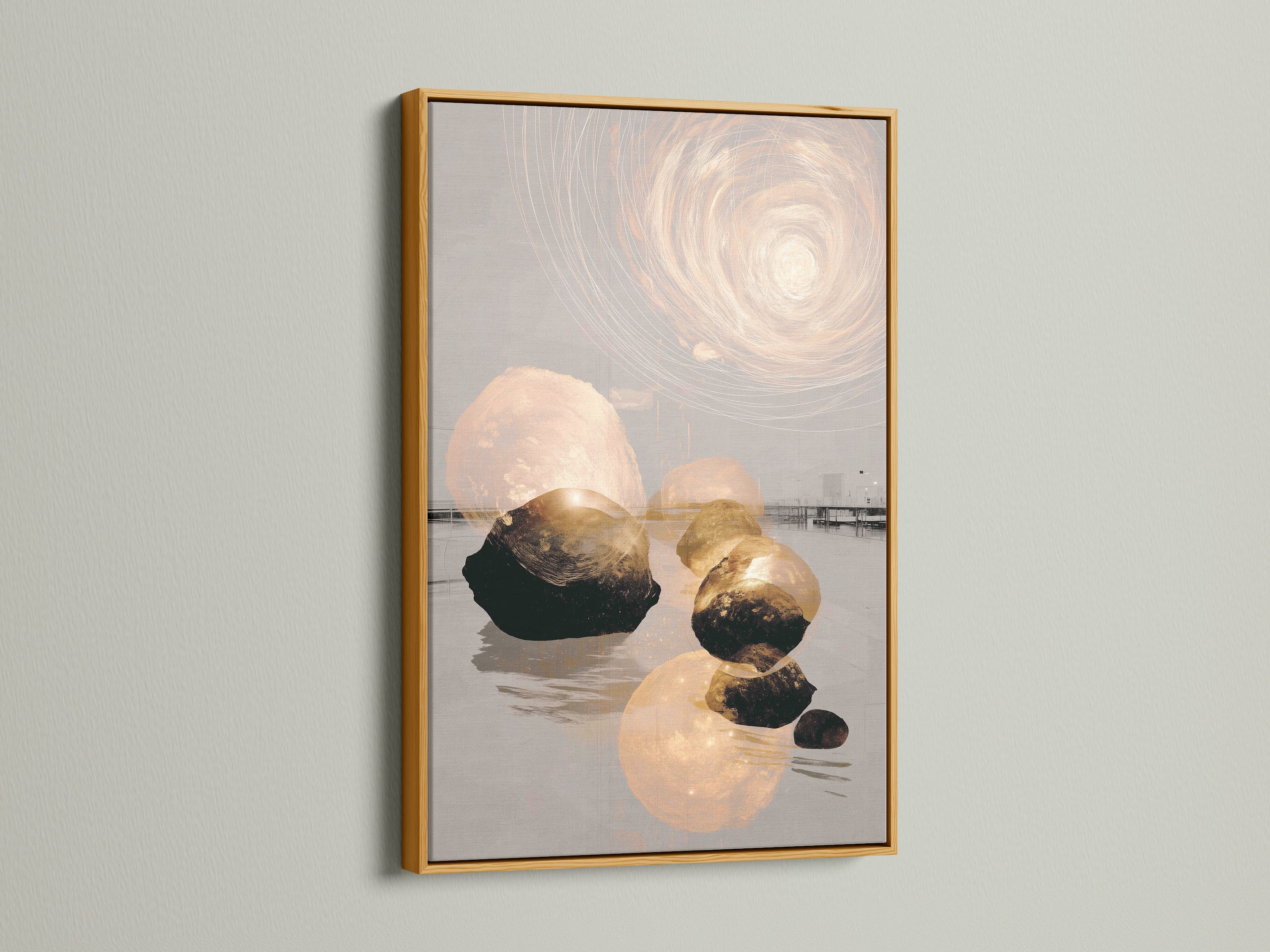 Abstract Zen artwork in a gold frame. This serene artwork creates a calming atmosphere. It's perfect for spa wall art or meditation decor. The neutral tones complement a variety of interior styles. Bring peaceful art to your mindful decor with this zen wall decor.
