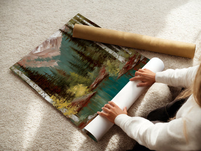 A woman is carefully rolling a fine art poster paper of the Mountain Lake artwork. The artwork features a teal lake surrounded by a forest and mountains. The fine art poster paper captures every detail of the original artwork. Ideal for those who appreciate high-quality prints. Preserve the beauty of nature.