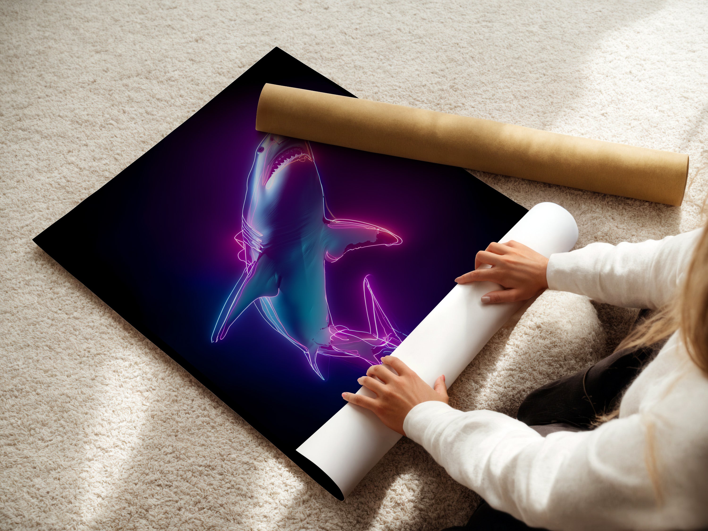 A woman carefully rolls a fine art poster paper. High-quality paper ensures vibrant colors. The fine art poster paper is perfect for detailed prints. It protects the artwork during handling and shipping. Get your artwork printed on this premium paper.