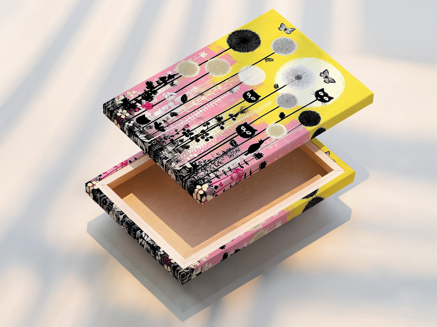 A stretched canvas print of the cat garden artwork is displayed. The artwork features a playful feline poster with yellow and pink floral elements. It is ideal for kids room decor or nursery wall art. The stretched canvas provides a gallery-ready finish.