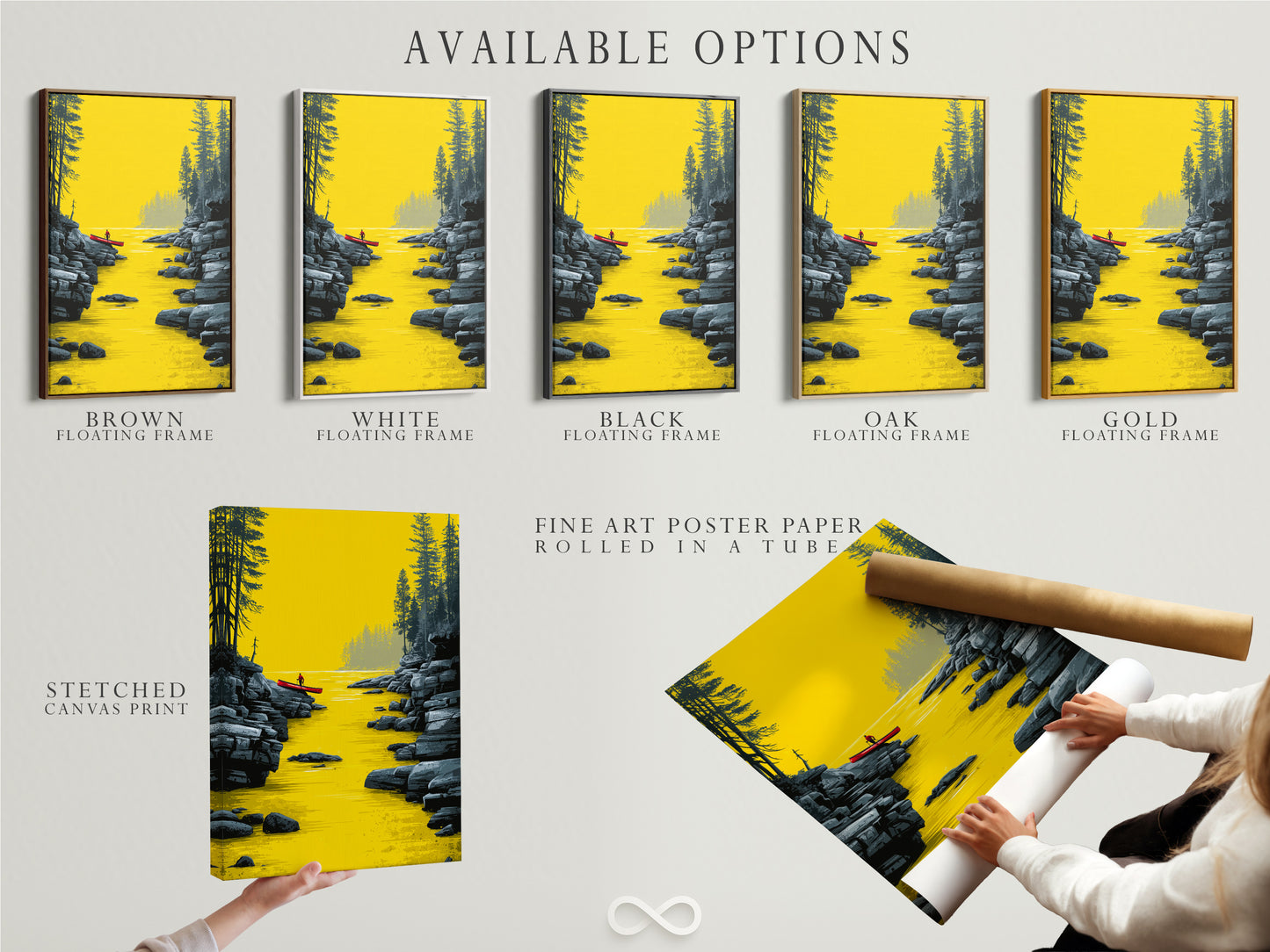 Available options for the River Kayak artwork. Choose between a stretched canvas print fine art poster paper or a floating frame. Find the perfect modern landscape artwork for your office or living room today.