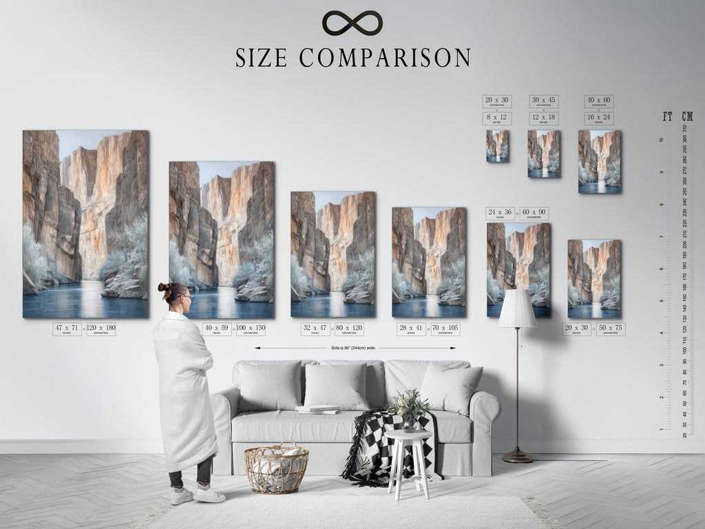 A size comparison chart displayed in an interior setting. The chart showcases various sizes of the Canyon River canvas print. Visualize the perfect fit for your space. Choose the ideal size for your desert landscape artwork. Find the right dimensions for your neutral wall art today. Shop for earth tone art with confidence.