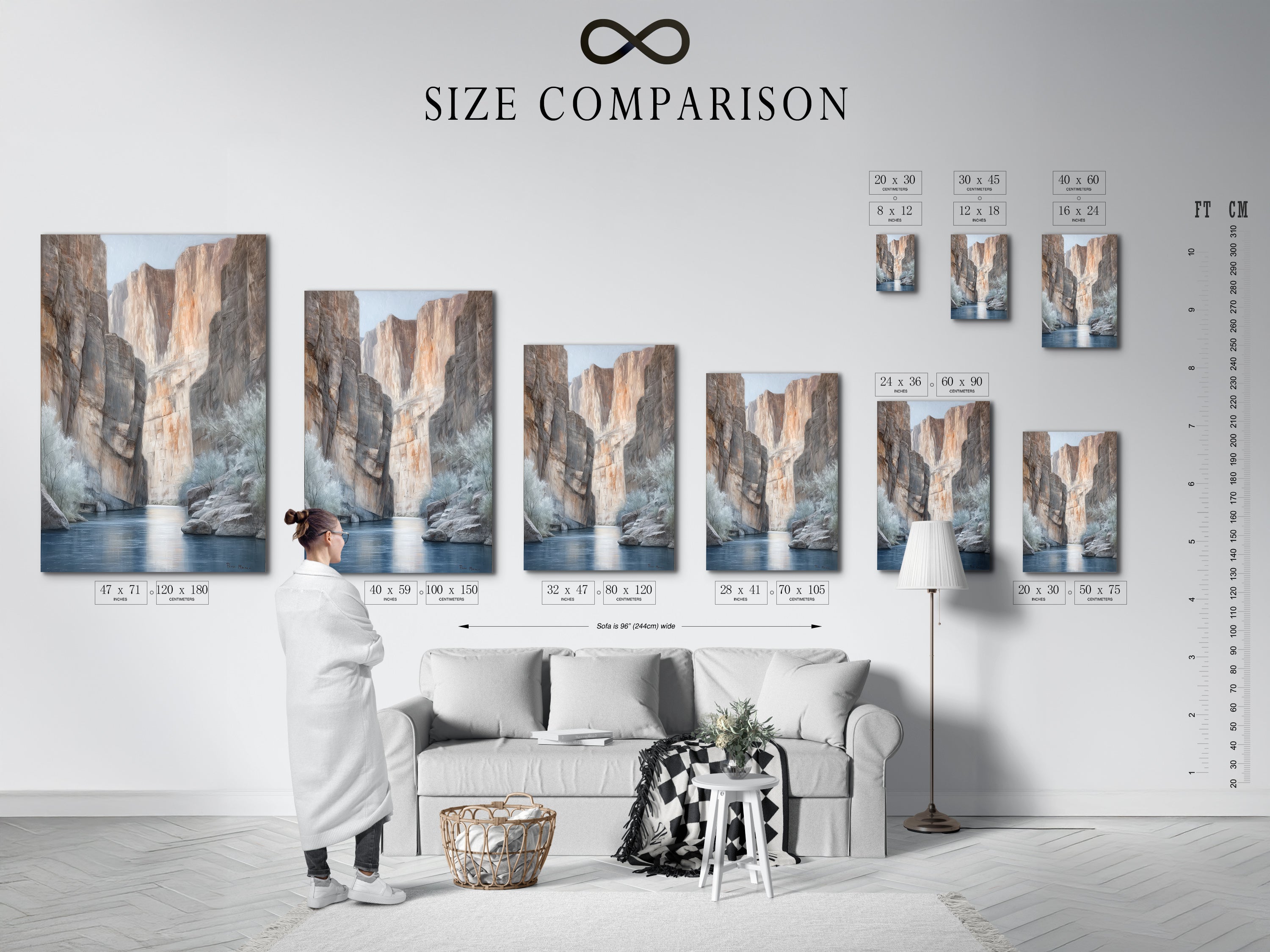 A size comparison chart displayed in an interior setting. The chart showcases various sizes of the Canyon River canvas print. Visualize the perfect fit for your space. Choose the ideal size for your desert landscape artwork. Find the right dimensions for your neutral wall art today. Shop for earth tone art with confidence.