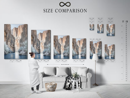 A size comparison chart displayed in an interior setting. The chart showcases various sizes of the Canyon River canvas print. Visualize the perfect fit for your space. Choose the ideal size for your desert landscape artwork. Find the right dimensions for your neutral wall art today. Shop for earth tone art with confidence.