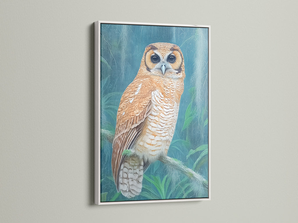A white frame highlights a beautiful owl artwork. The clean modern look enhances the vibrant artwork. It brings a fresh and airy feel to your home decor. This piece offers a serene focal point for any room. It's perfect for those who love minimalist art and nature.