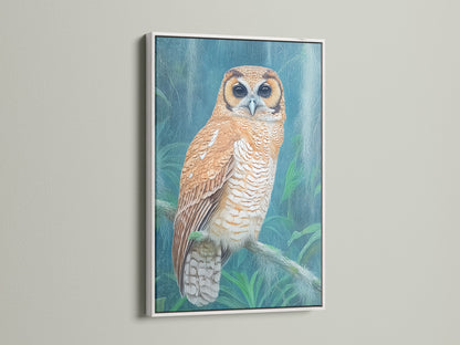 A white frame highlights a beautiful owl artwork. The clean modern look enhances the vibrant artwork. It brings a fresh and airy feel to your home decor. This piece offers a serene focal point for any room. It's perfect for those who love minimalist art and nature.