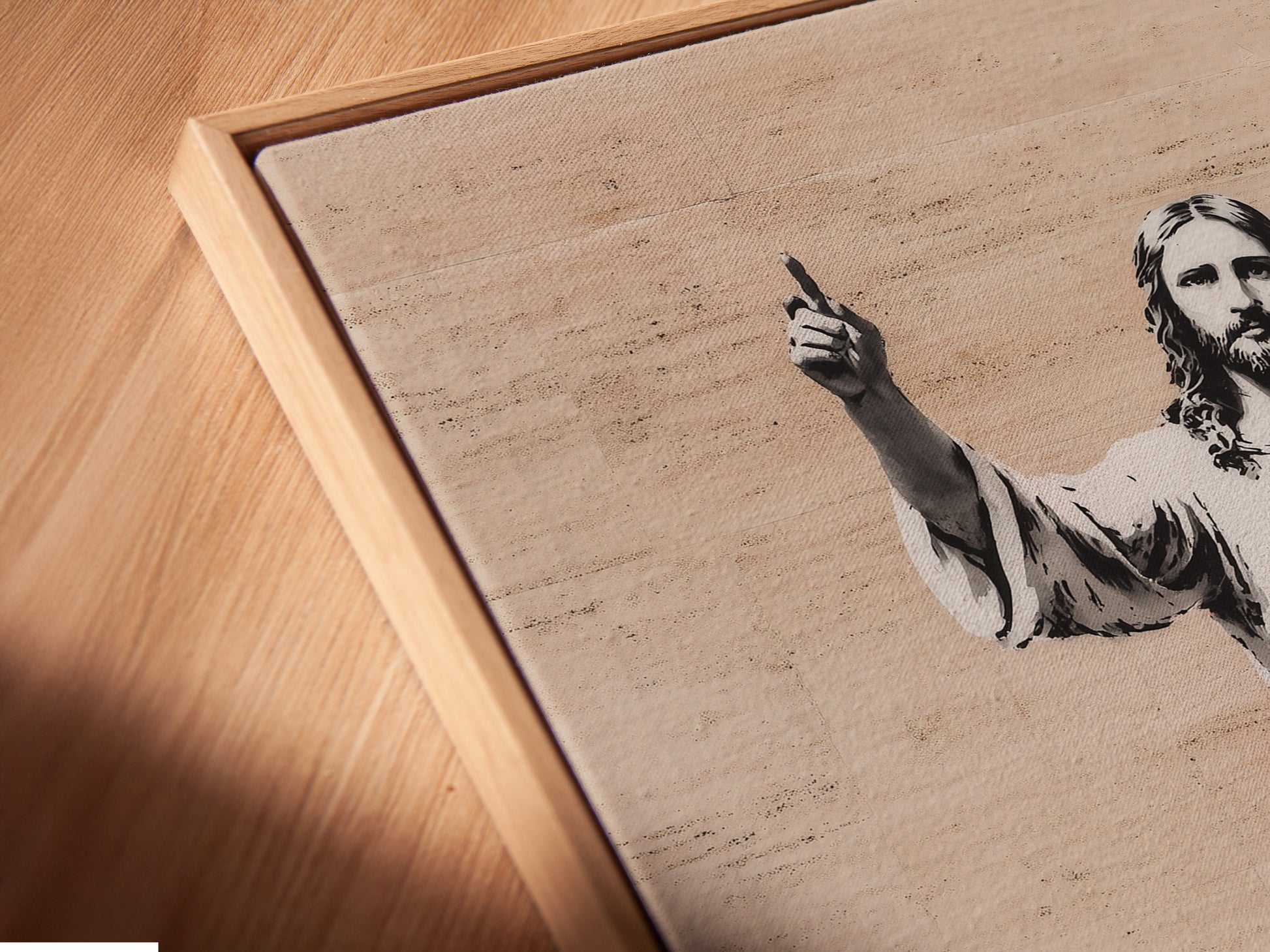 An angled close-up reveals a canvas print in a floating frame. The floating frame creates a modern gallery-like look. It gives the illusion that the art is suspended. Our floating frames add depth and dimension to your artwork. Explore the sleek style of a canvas print in a floating frame.