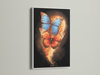 The butterfly canvas print is mounted in a clean white frame. The colorful wall art is a striking contrast against the frame. The insect print adds a modern touch to any room. Ideal for homeowners seeking minimalist styles.