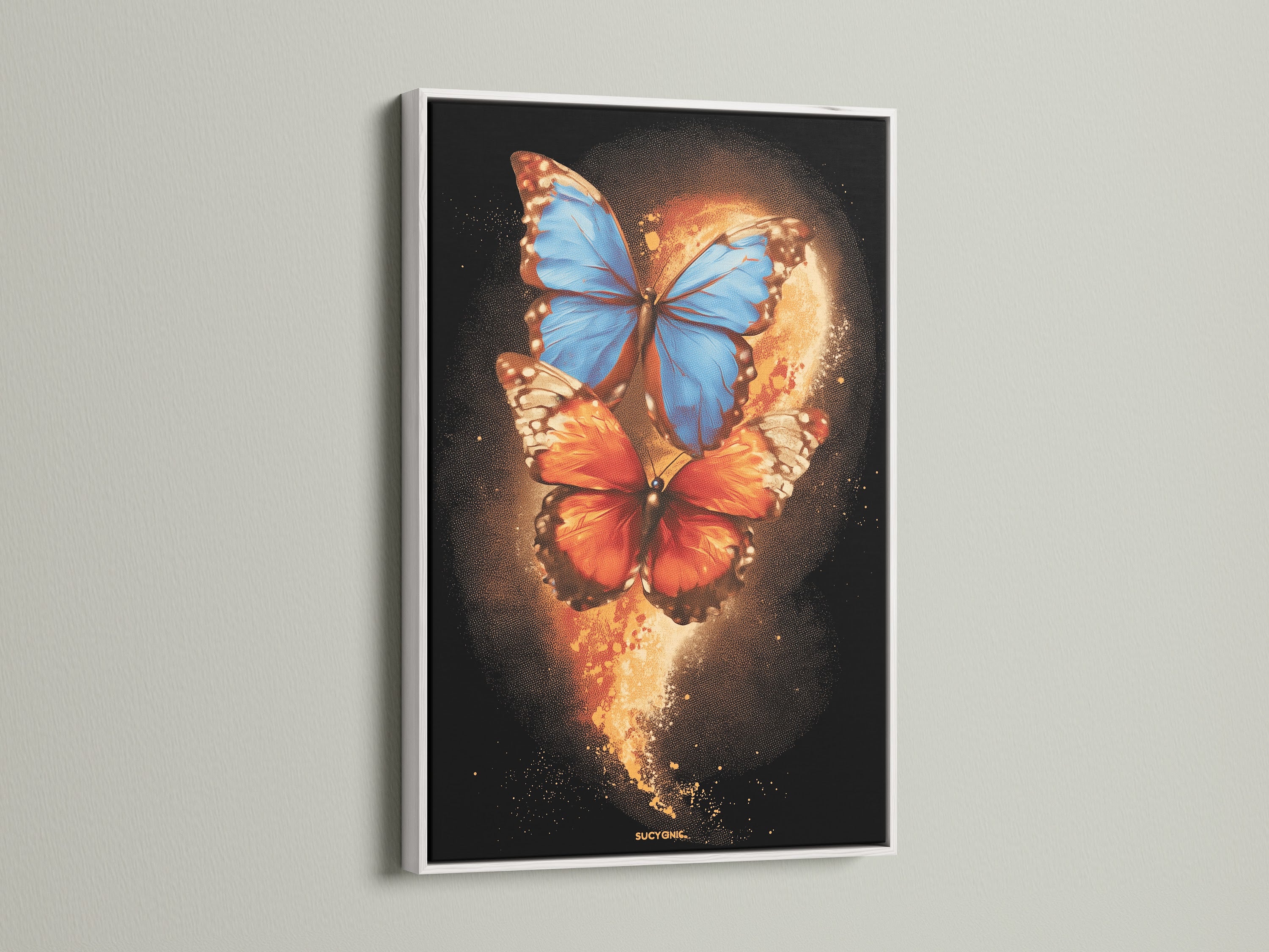 The butterfly canvas print is mounted in a clean white frame. The colorful wall art is a striking contrast against the frame. The insect print adds a modern touch to any room. Ideal for homeowners seeking minimalist styles.