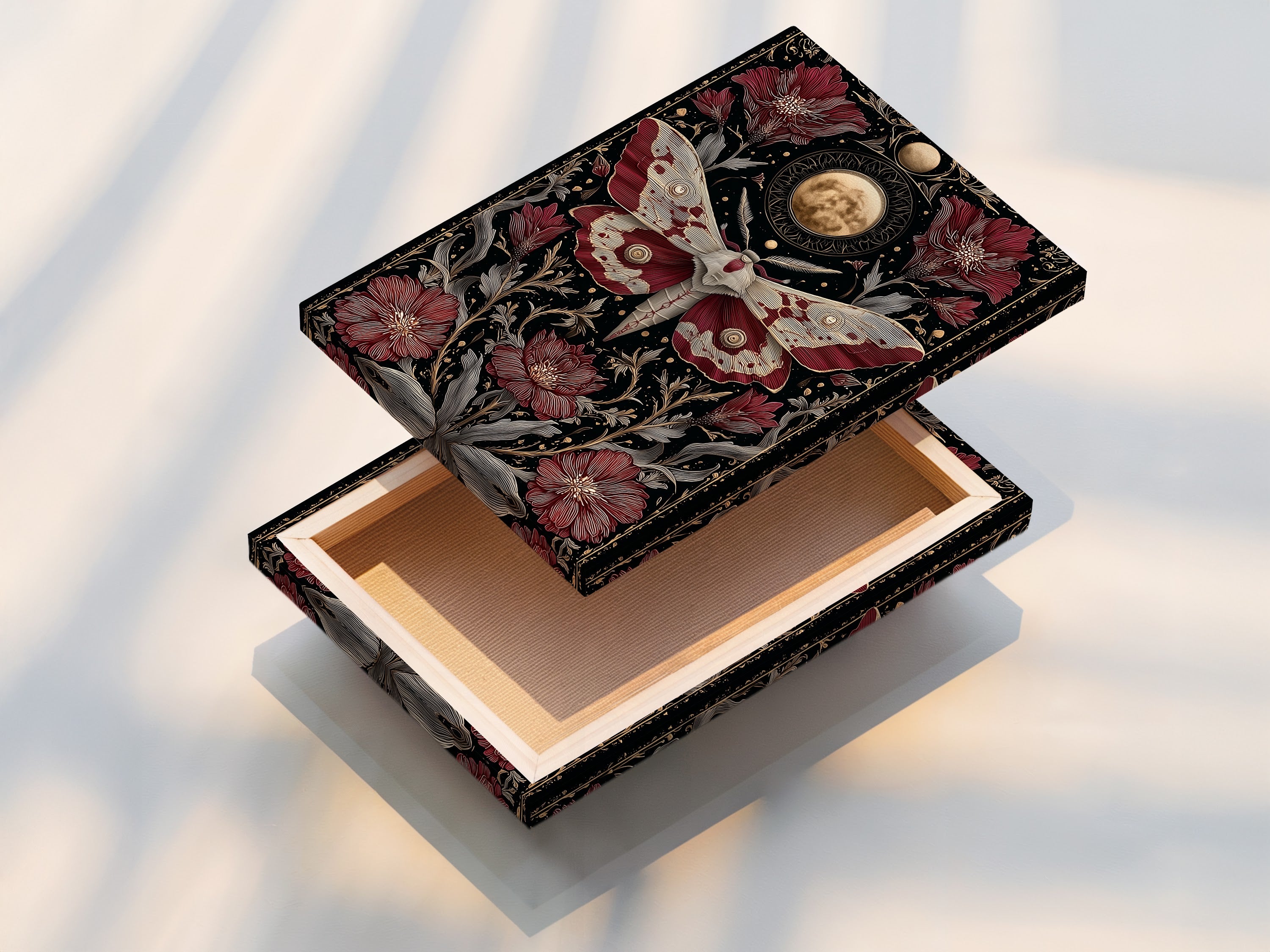 A stretched canvas print features celestial moth art. Gothic botanical patterns are beautifully displayed. Moon phases add a mystical touch. Consider this for your living room wall art.