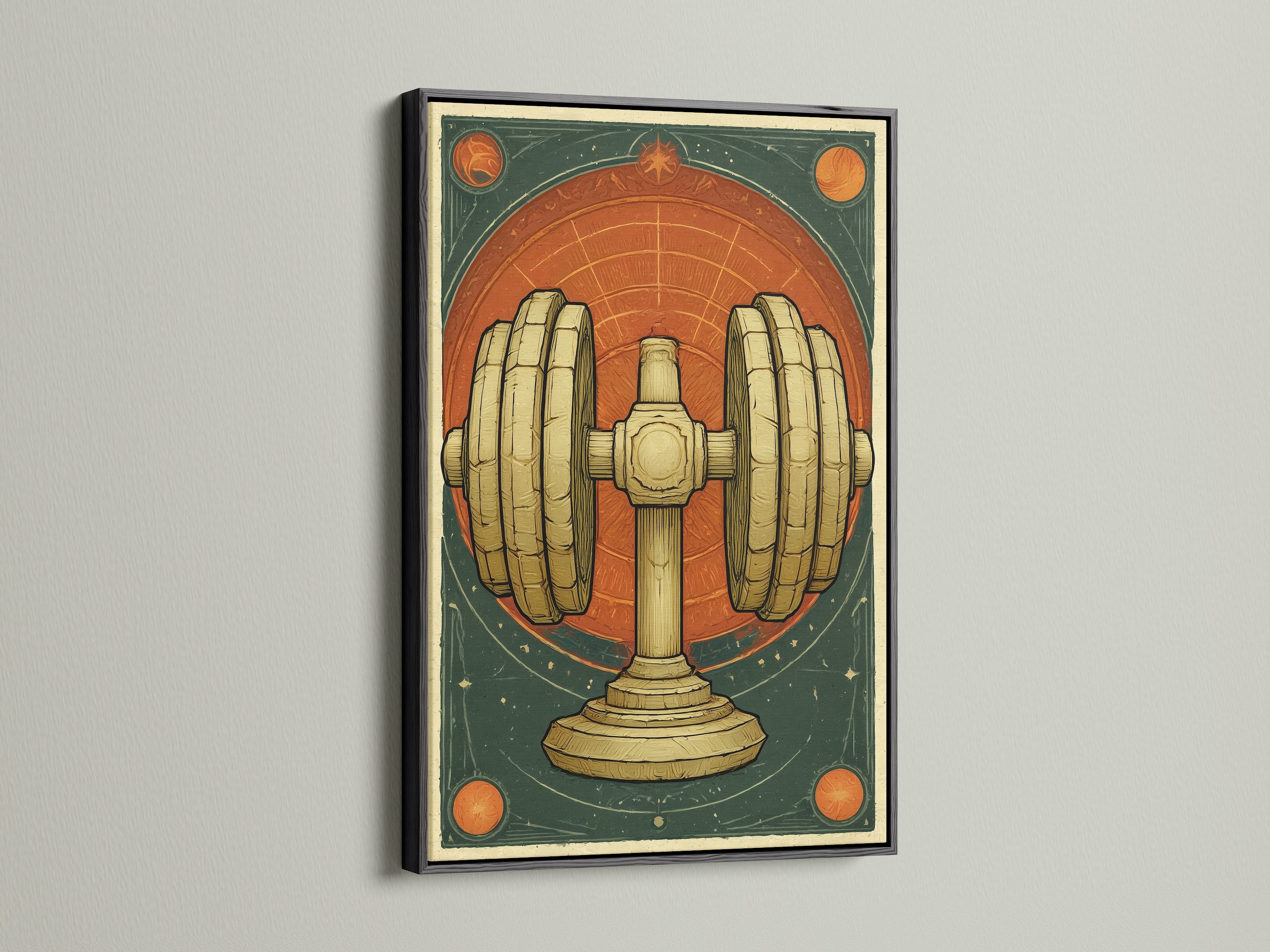 A vintage dumbbell artwork is framed in sleek black. The artwork is displayed against a neutral wall. It offers a bold contrast and a modern touch to the art deco style. Ideal for creating a stylish home gym or fitness area. This retro gym poster enhances any workout space. Add a sophisticated and motivational element to your fitness decor.