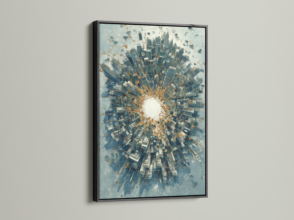 Abstract cityscape artwork in a black frame. This urban tunnel art showcases a modern print. The blue and gold hues create a sophisticated look. The black frame adds a sleek touch. Ideal for office wall decor or as a statement piece.