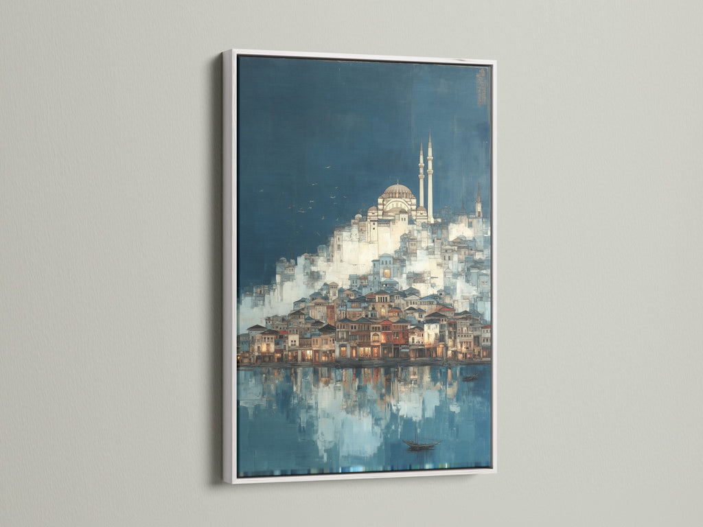 Istanbul Cityscape artwork with a white frame. This mosque architecture artwork brings historic city art into your home. A perfect piece of Mediterranean art enhancing the blue wall art. It is a serene addition to your living space.